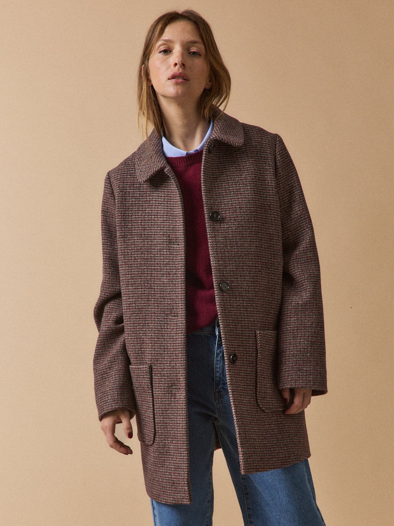 Women's short checked woolen coat - Main Image