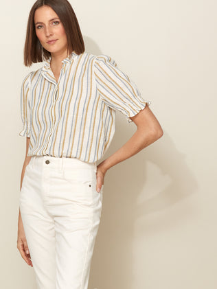 Women's striped cotton and linen top with ruffles