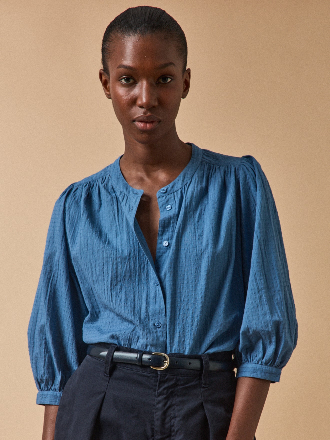 Women's plain textured woven cotton blouse