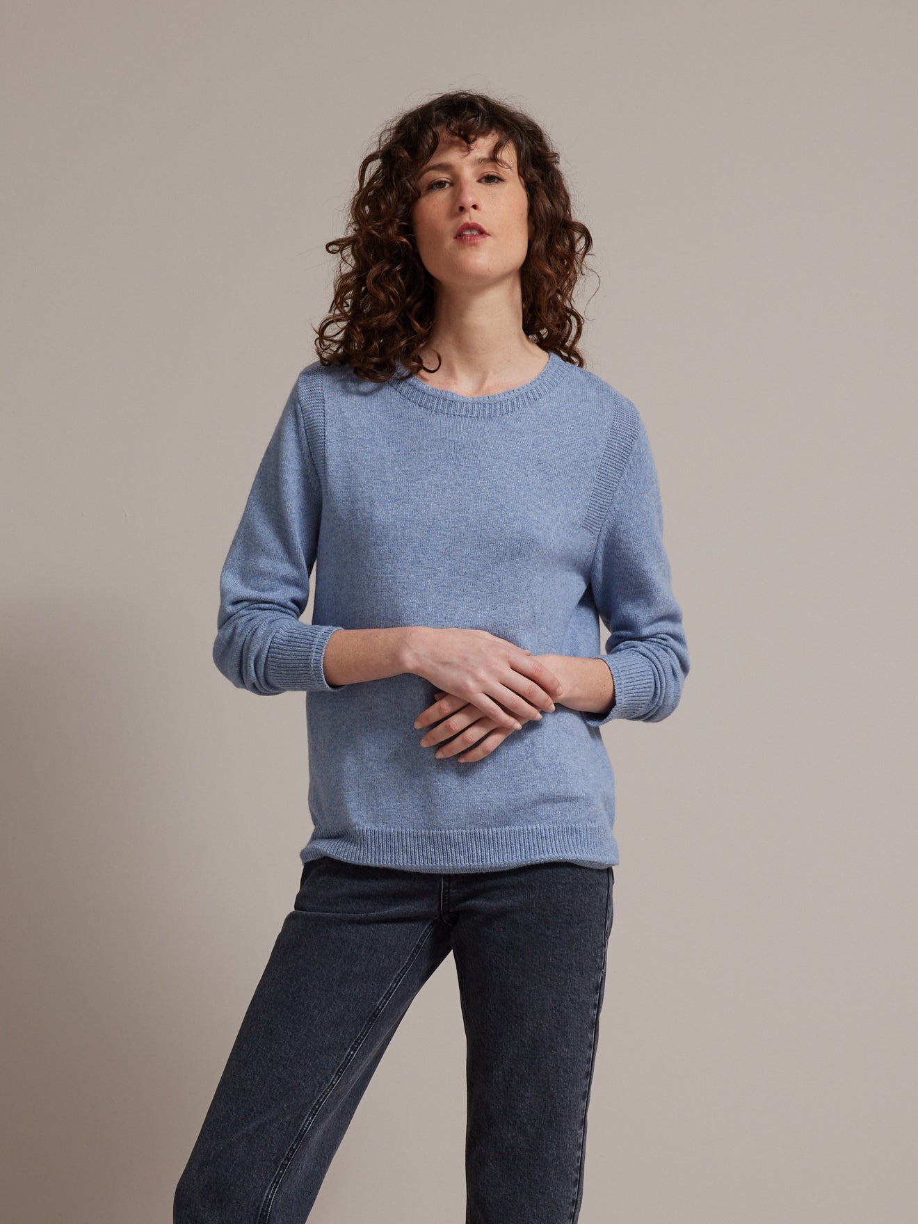 Pull 100 % laine mérinos, col rond, pull creux pour femme, automne hiver,  bas tricoté, haut veste, bleu, L : .fr: Mode