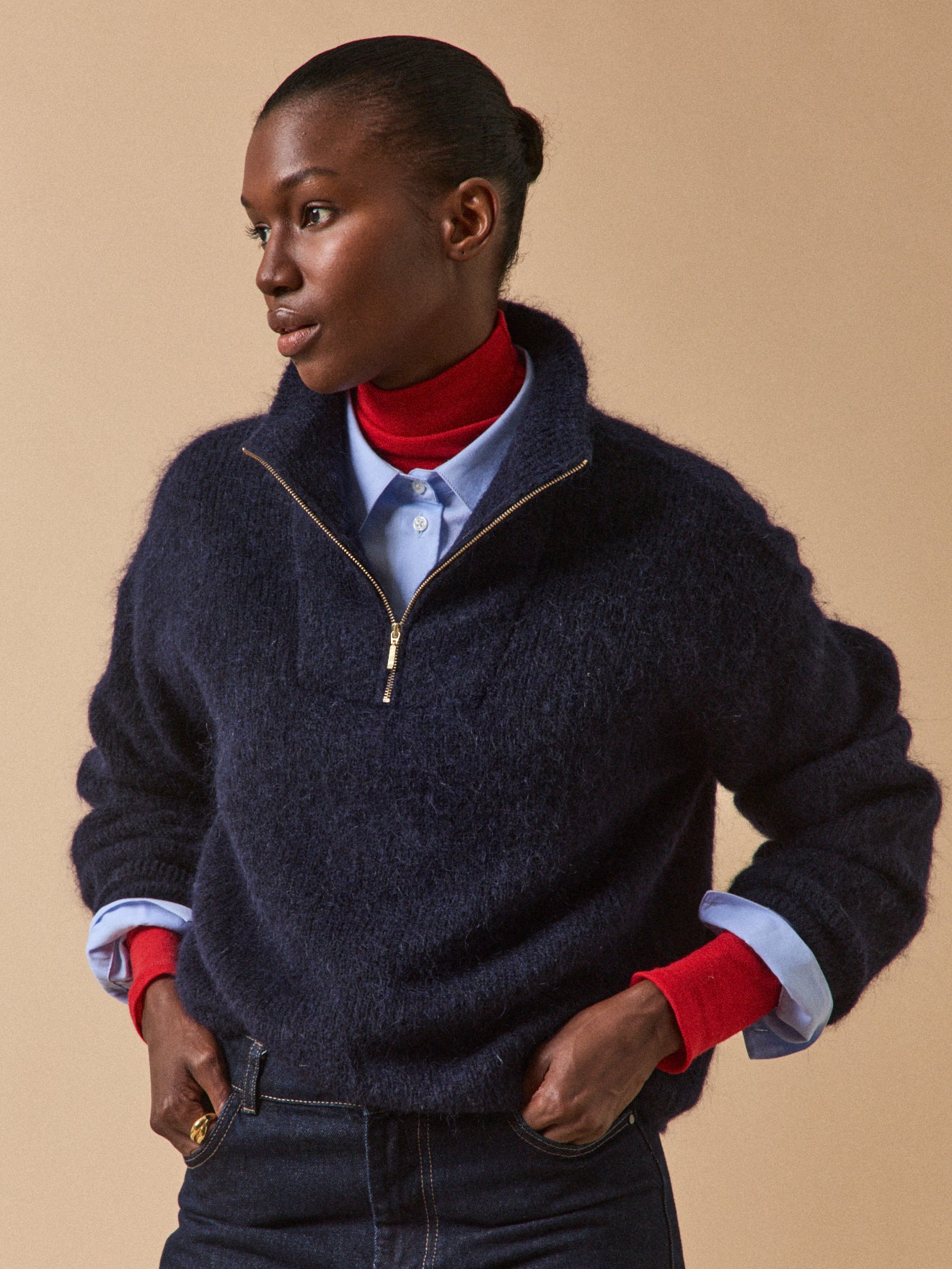 Women's wool and mohair sweater with high zip neckline