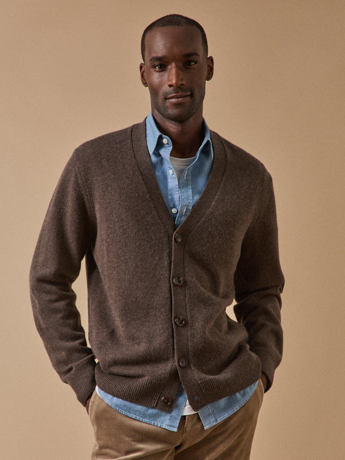 Xact Men's Knitted V-Neck Cardigan With Buttons & Pockets - Brown, Regular Fit