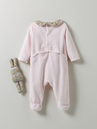 Baby's velour sleepsuit, trim made with Liberty fabric + plush toy