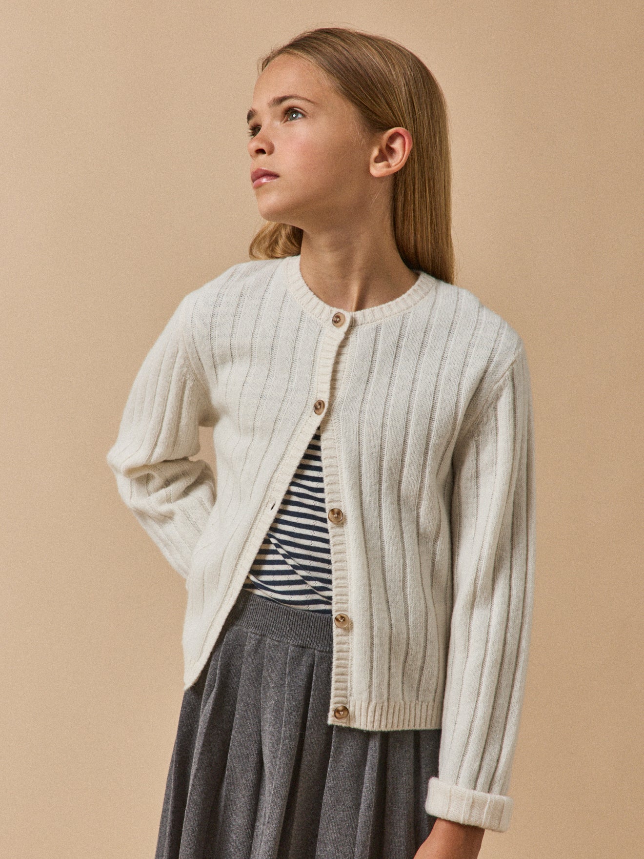 Girl's pure merino wool ribbed cardigan - Main Image
