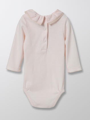 Baby's organic cotton bodysuit with wide frill collar