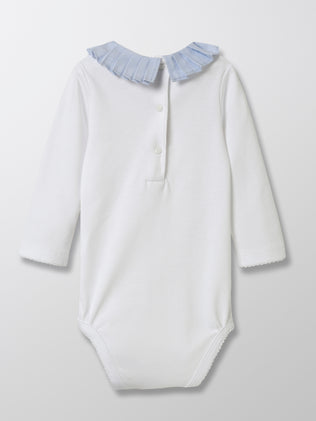 Baby's organic cotton bodysuit with pleated collar