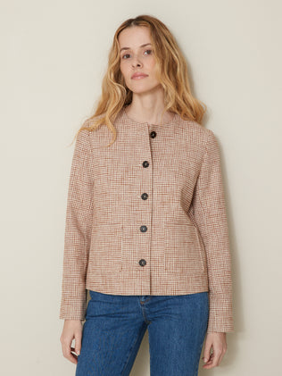 Women's gingham check collarless jacket