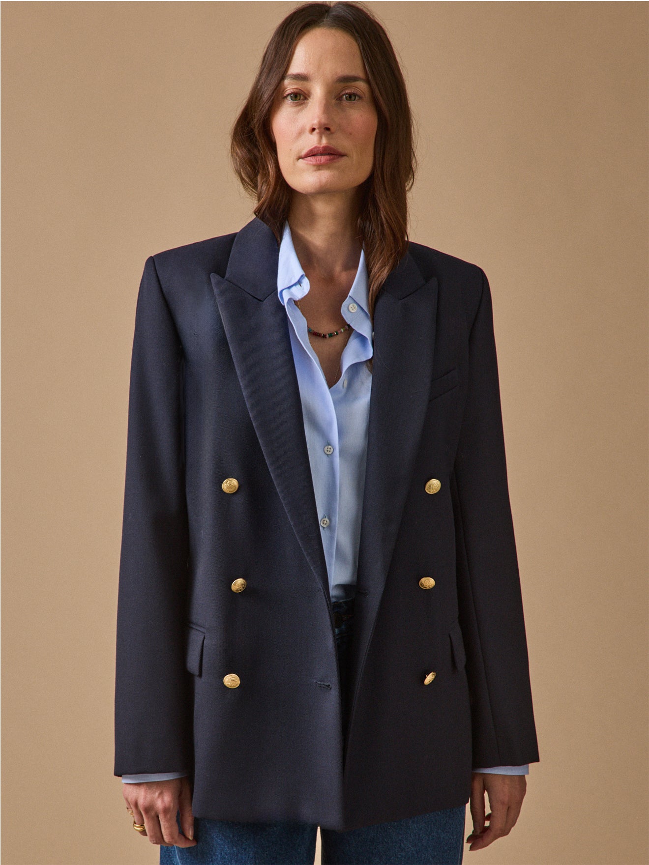 Women's plain twill blazer with golden buttons