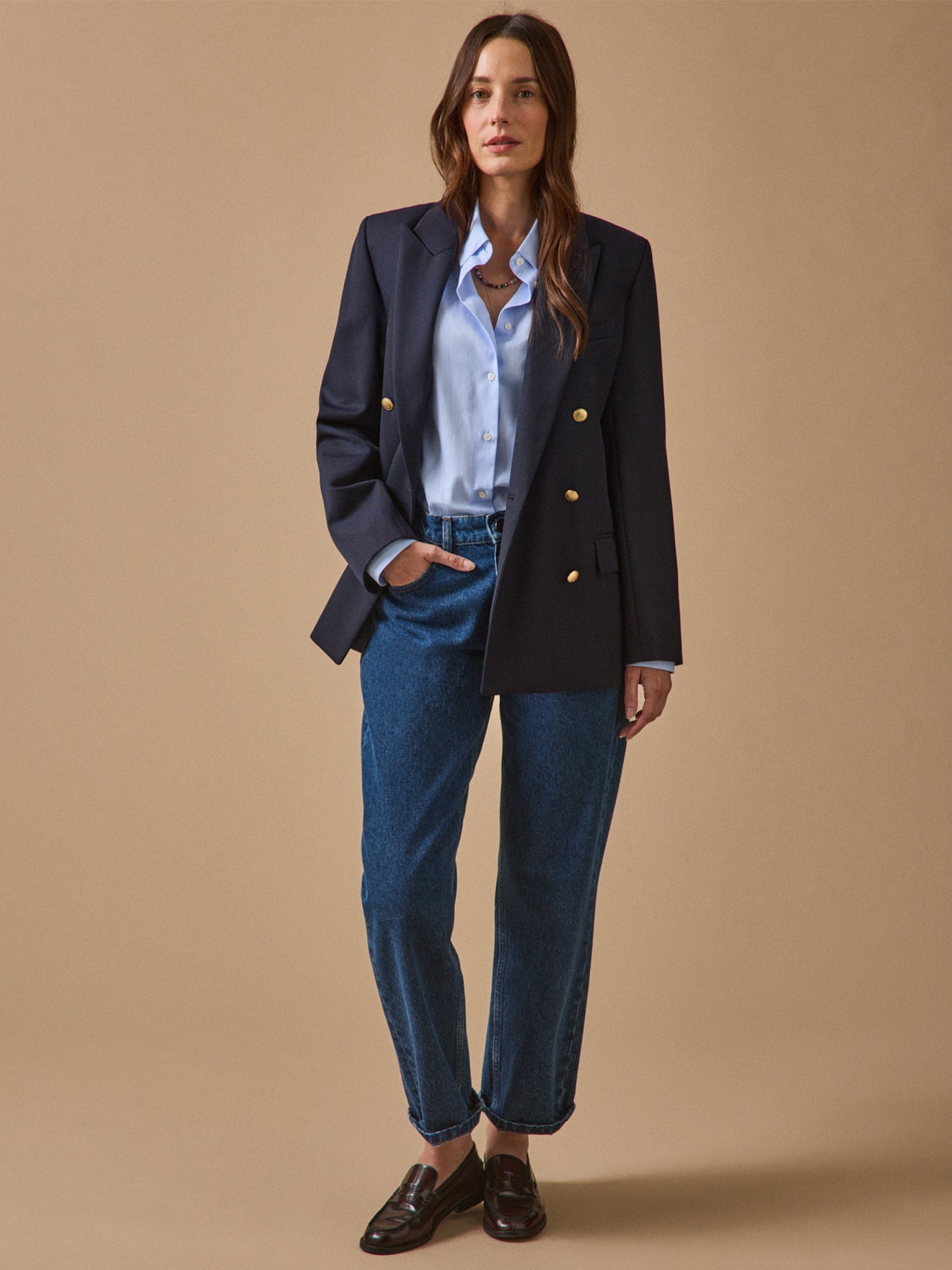 Women's plain twill blazer with golden buttons