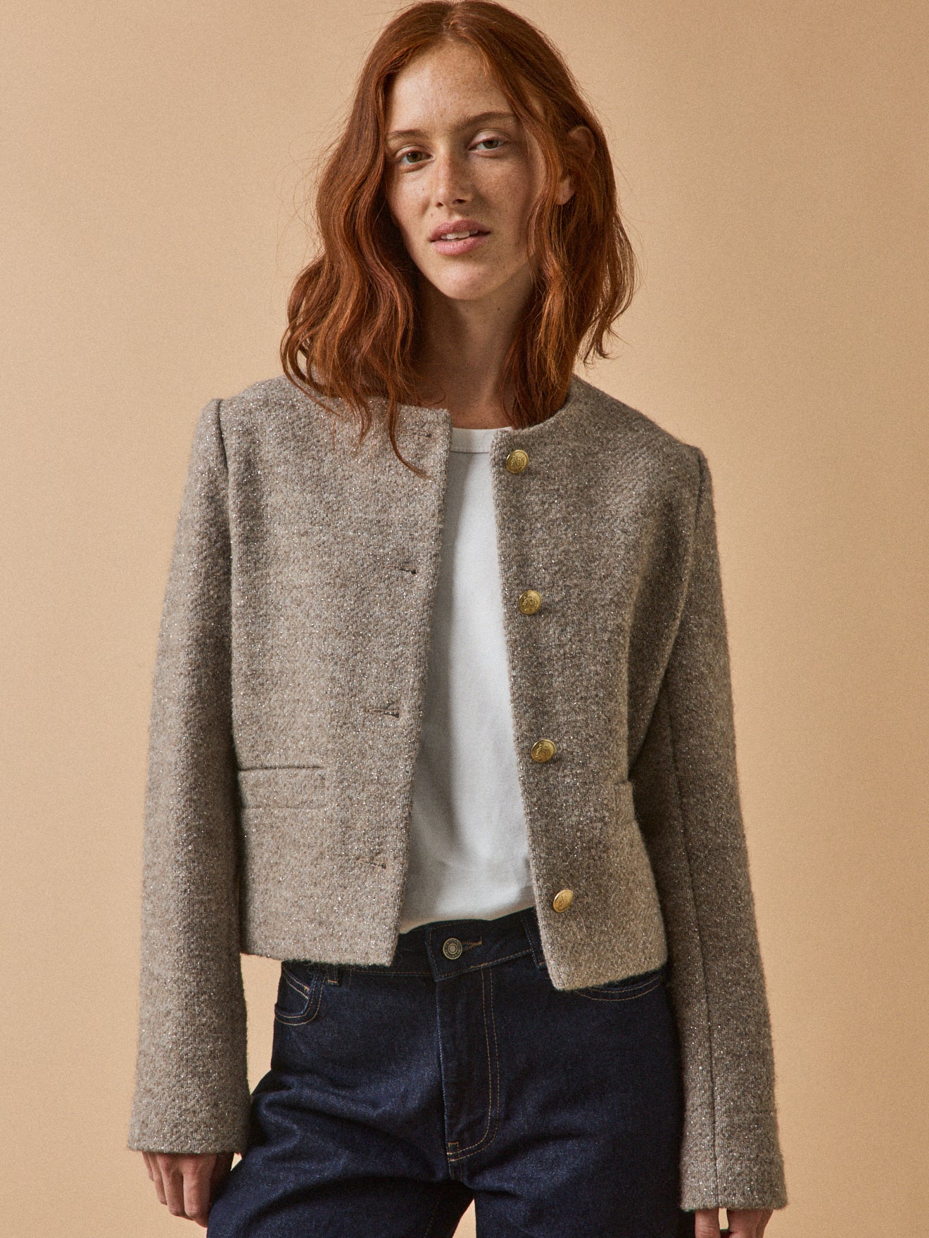 Veste sans col tweed irisé femme