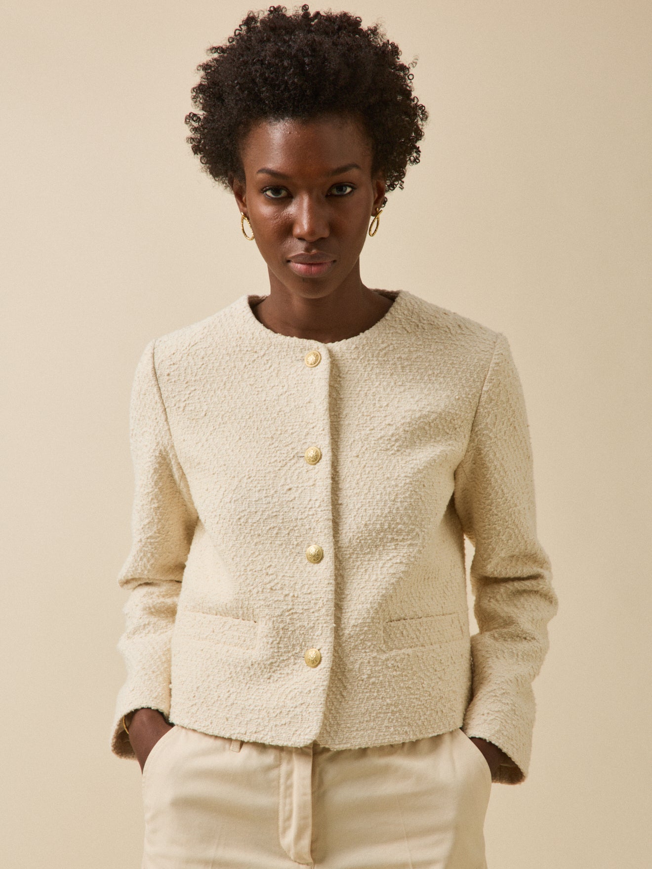 Veste sans col tweed uni femme