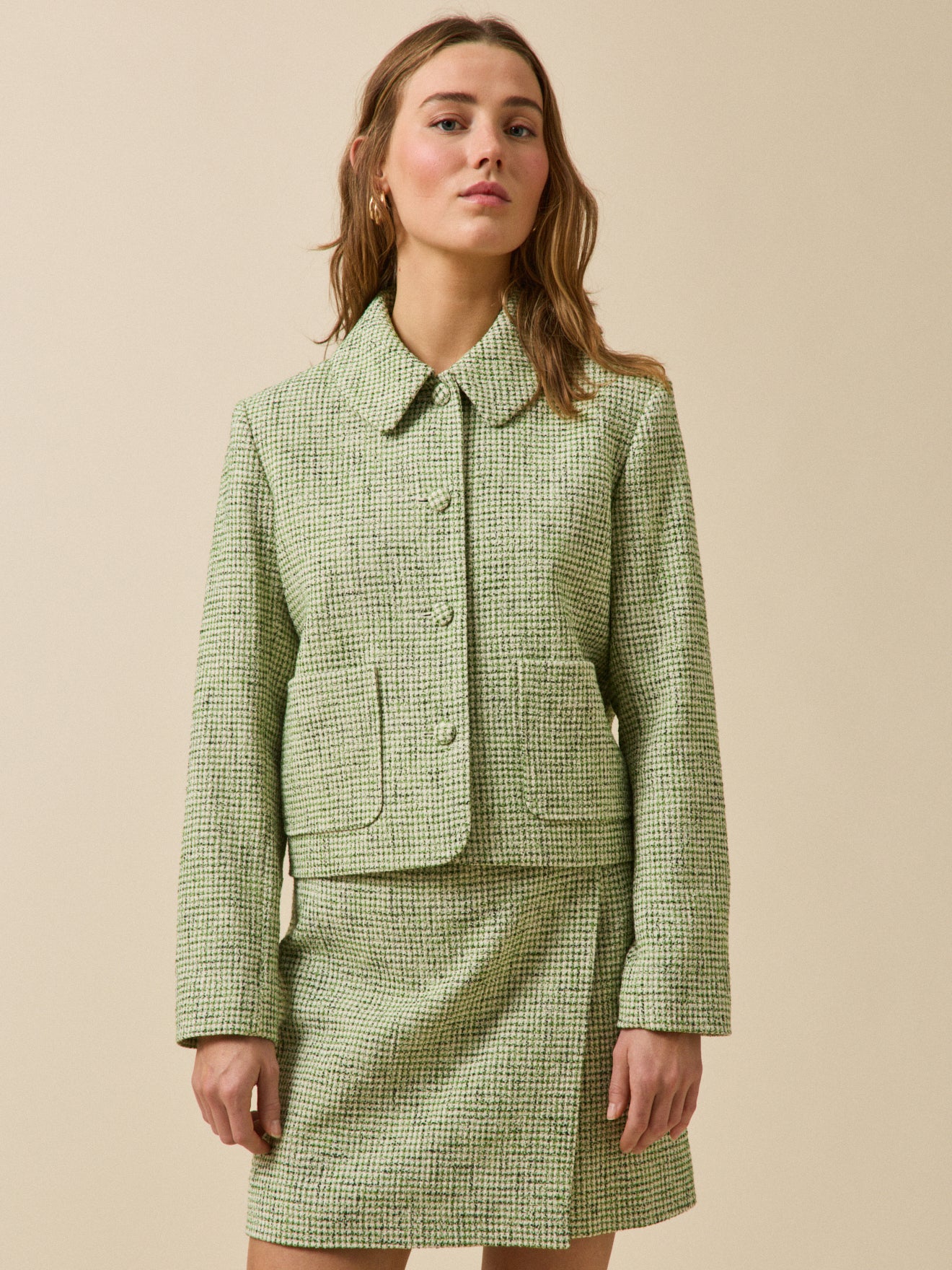 Veste boutonnée tweed carreaux femme