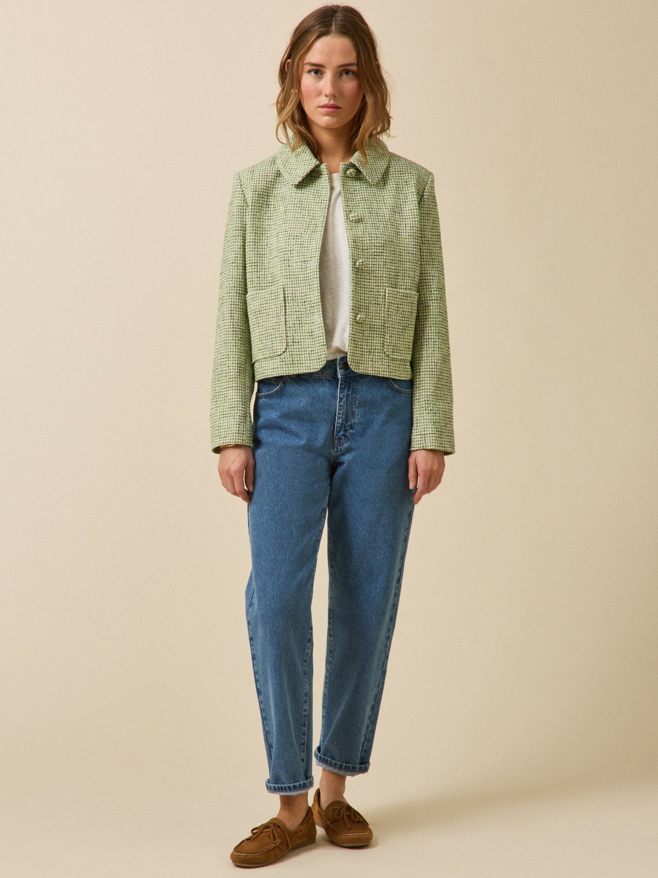 Veste boutonnée tweed carreaux femme