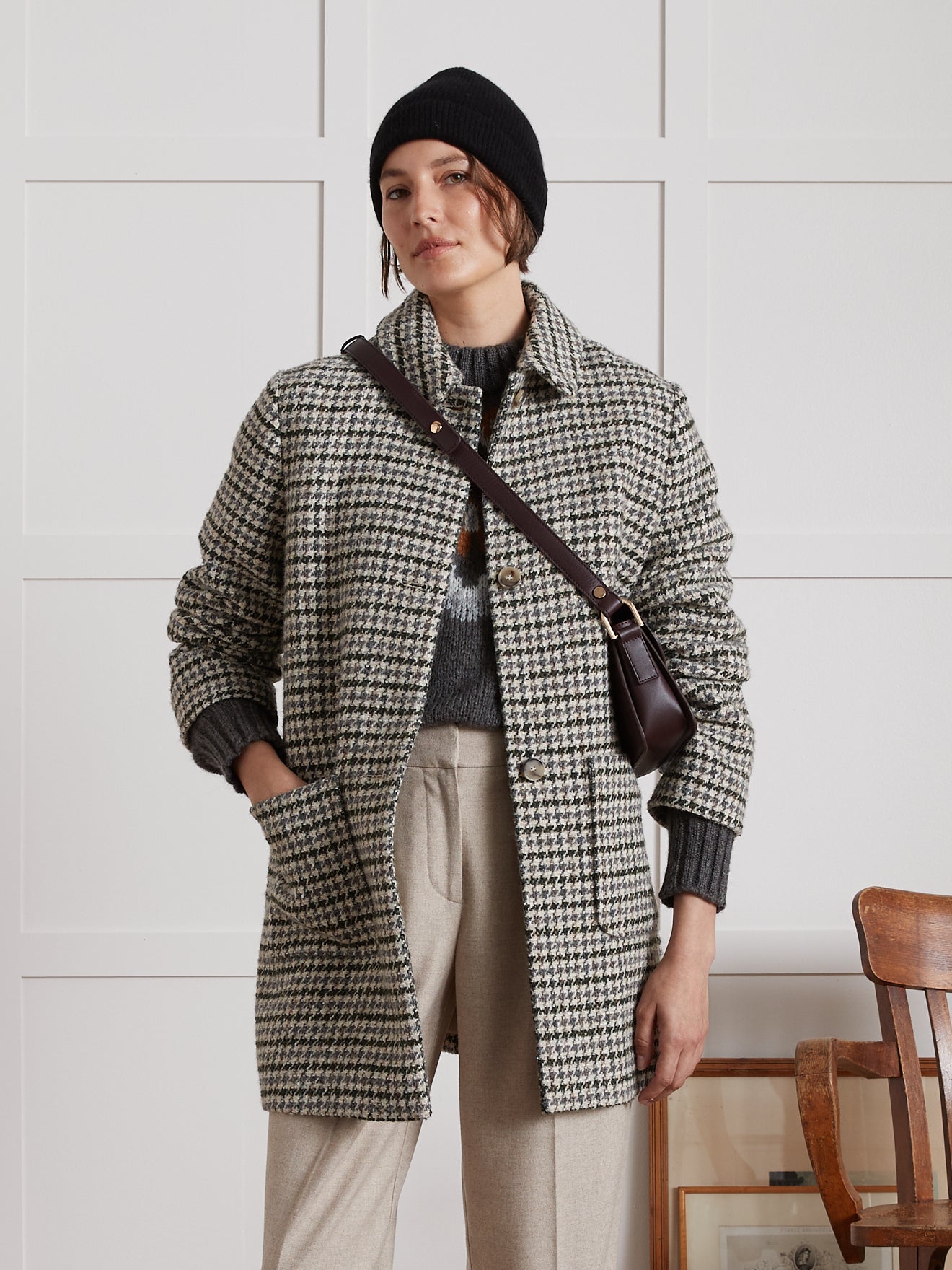 Women's short large houndstooth woolen coat