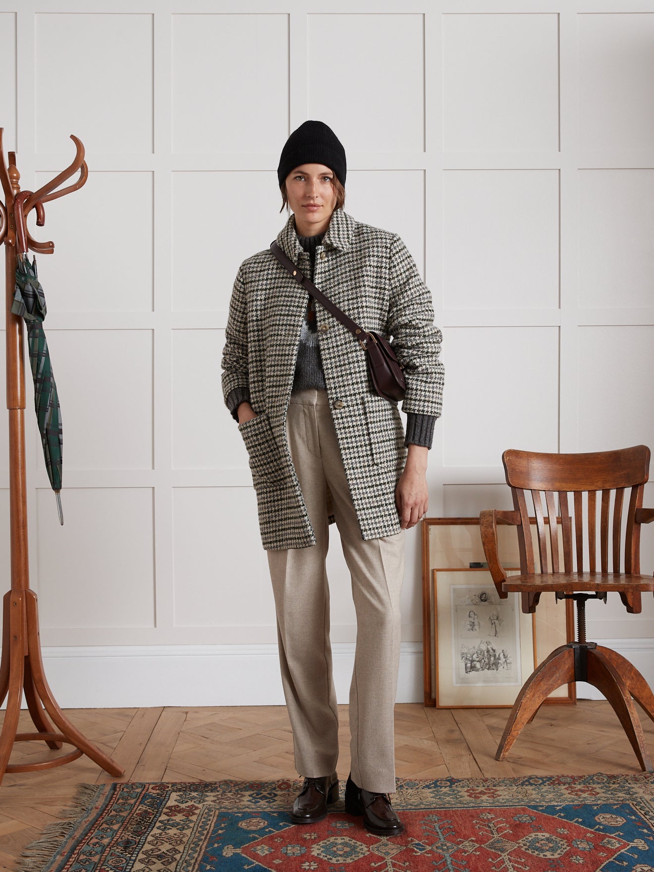 Women's short large houndstooth woolen coat