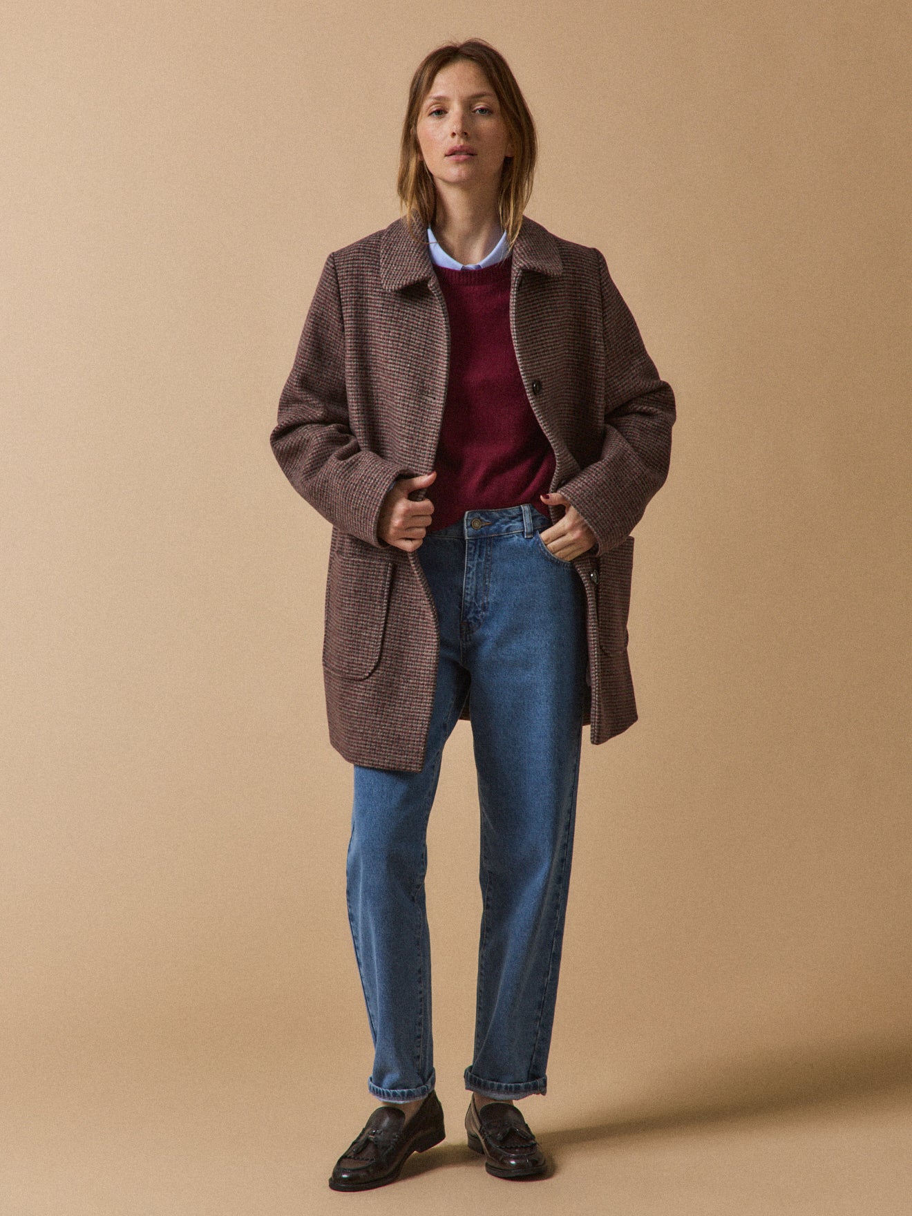 Women's short checked woolen coat