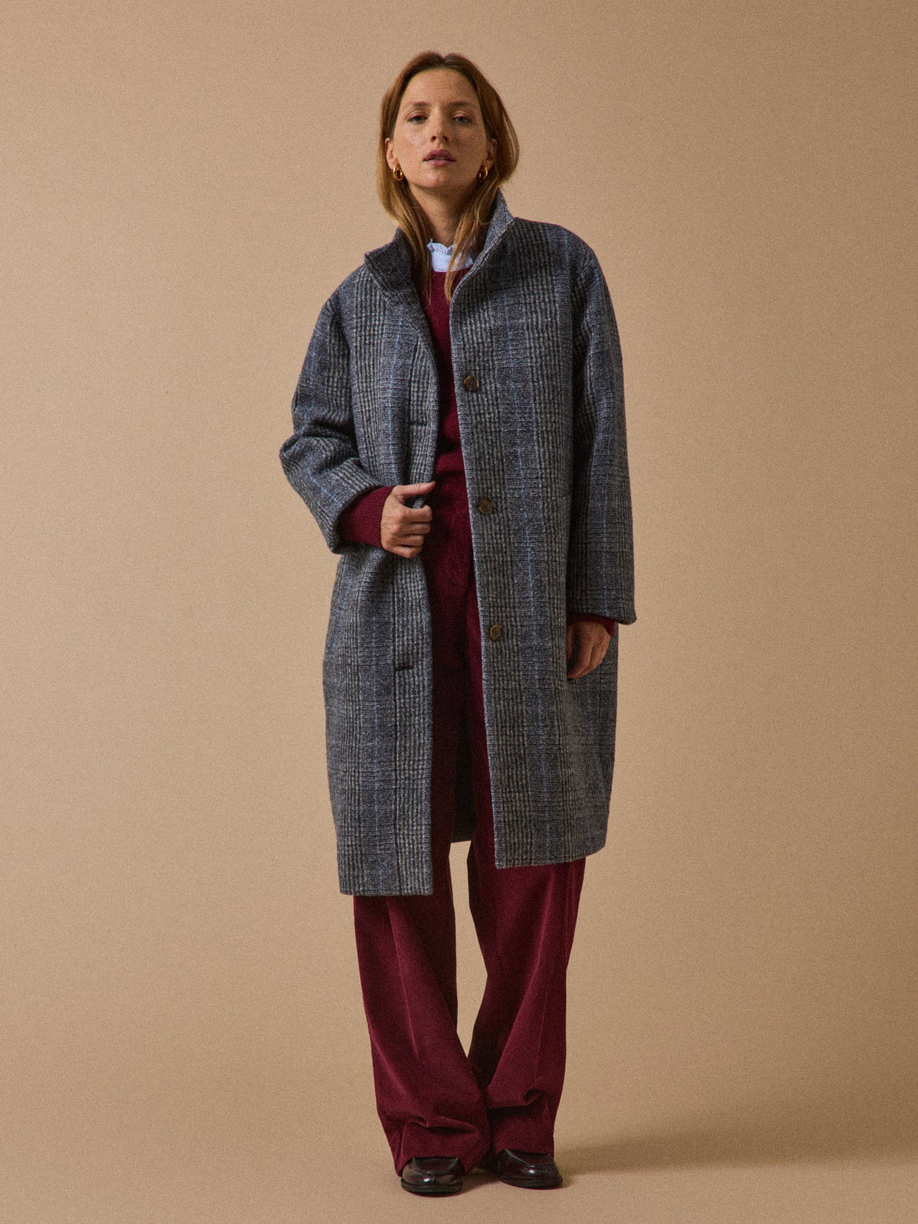 Women's check wool cloth coat with high neckline