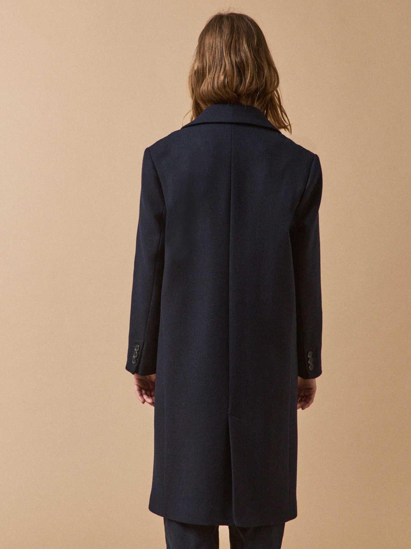 Women's long plain woolen coat with notched lapels