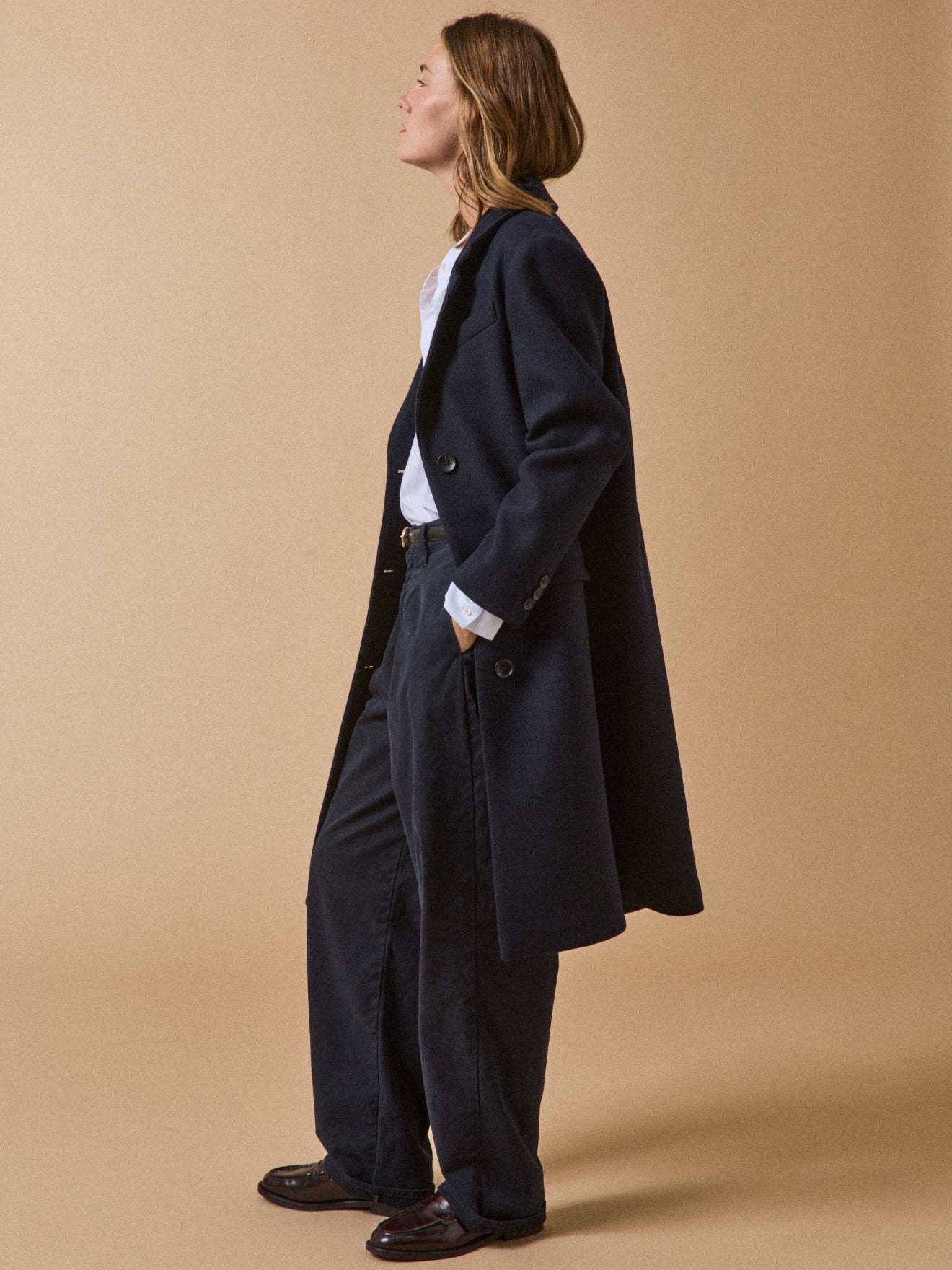 Women's long plain woolen coat with notched lapels