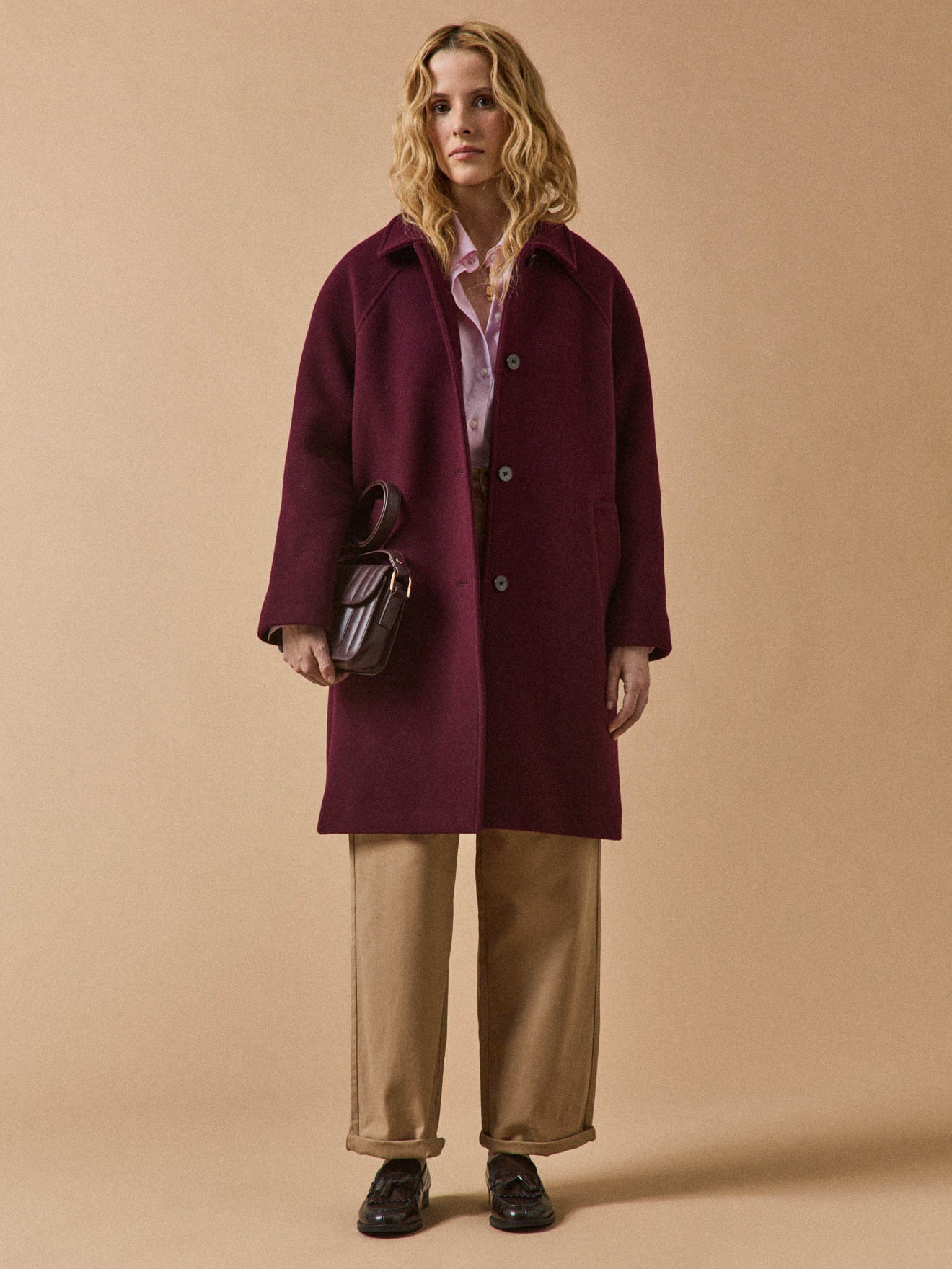 Women's plain mid-length woolen coat