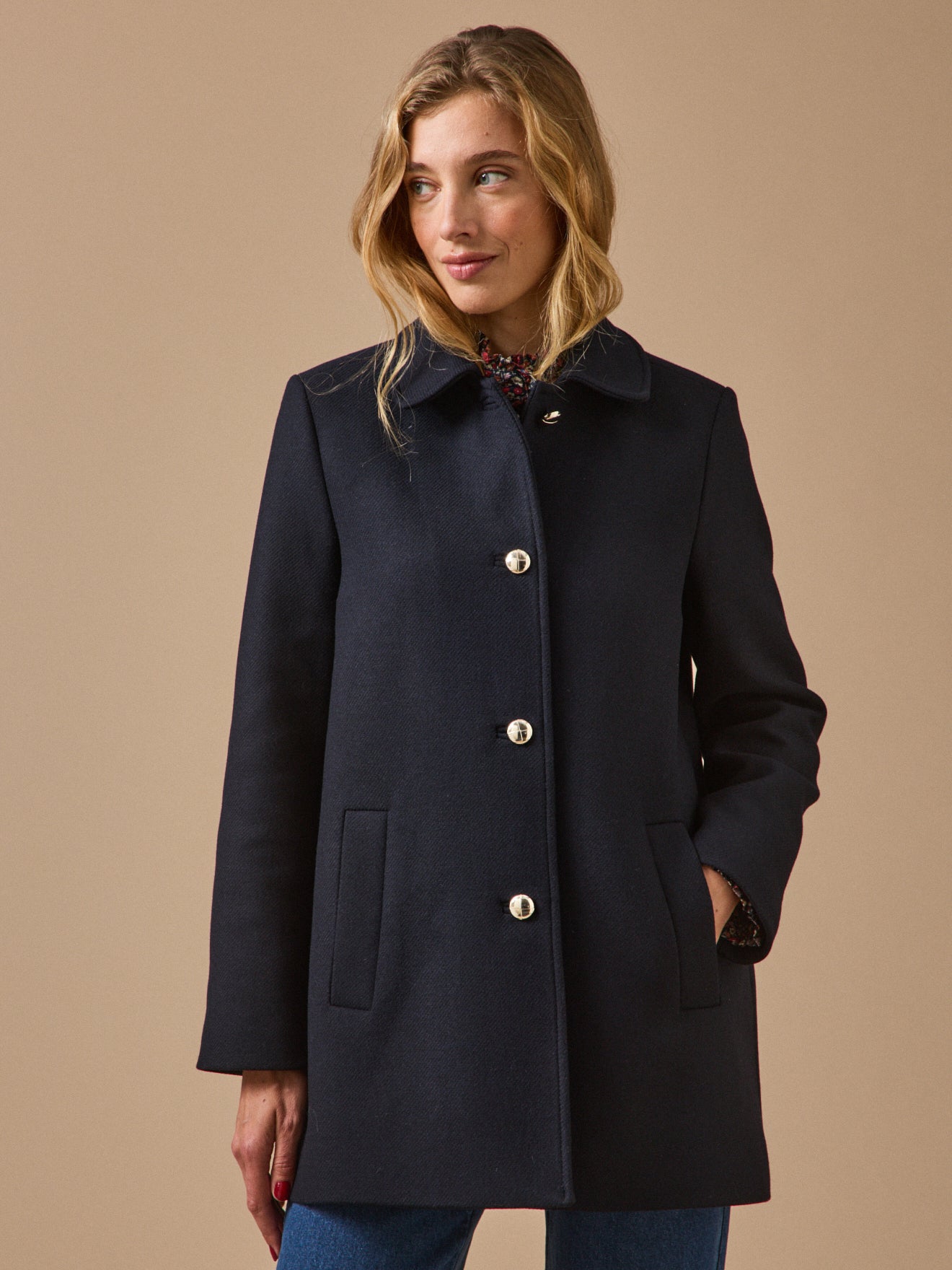 Women's solid-color straight woolen coat