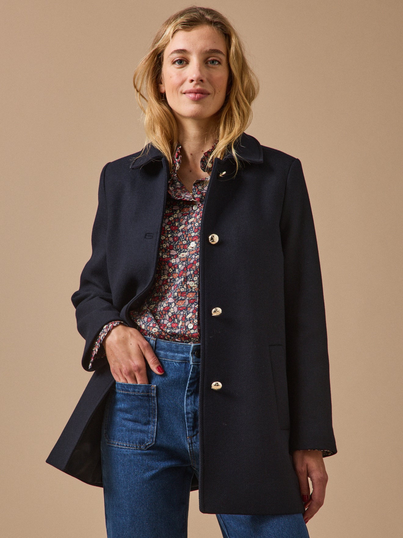 Women's solid-color straight woolen coat