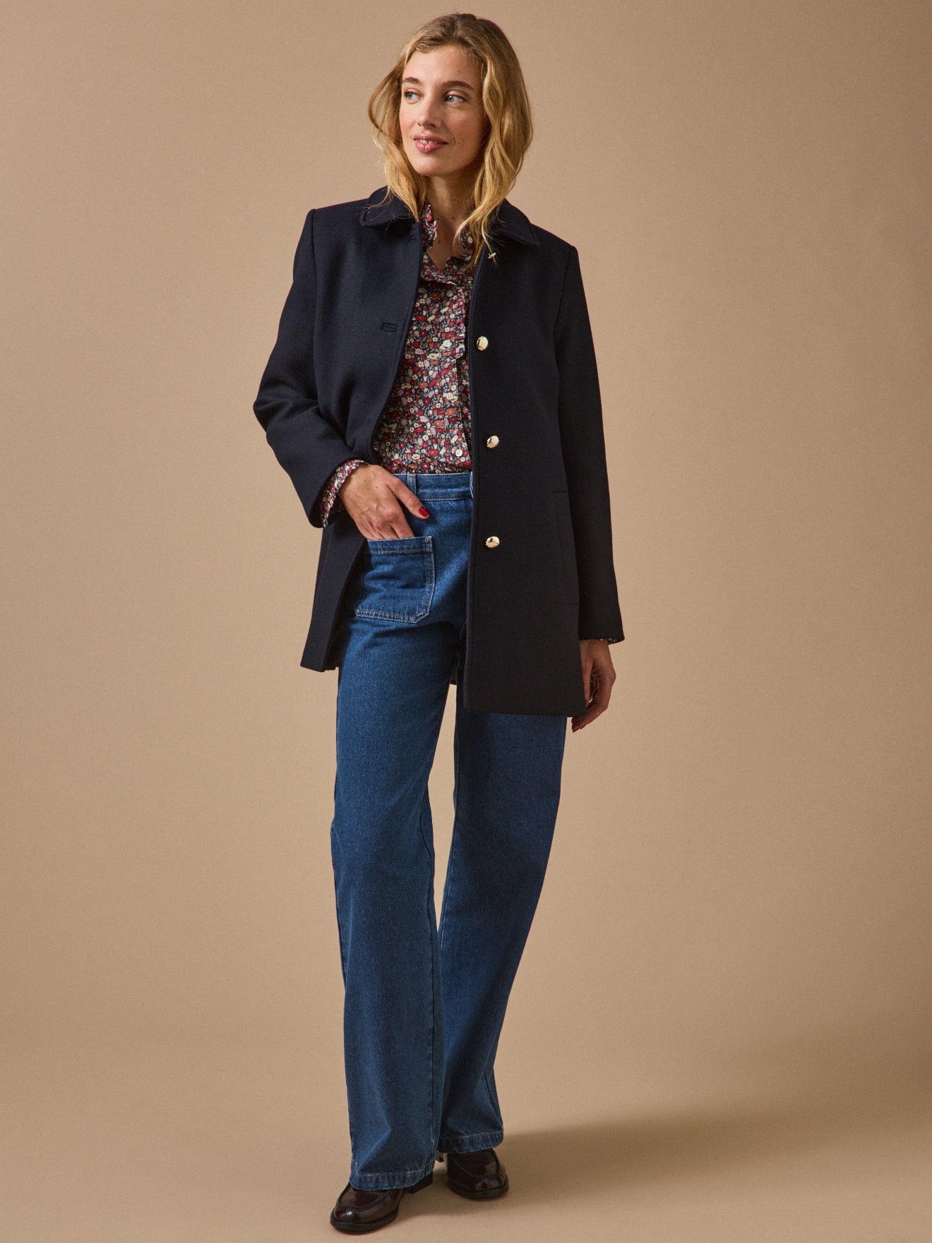 Women's solid-color straight woolen coat