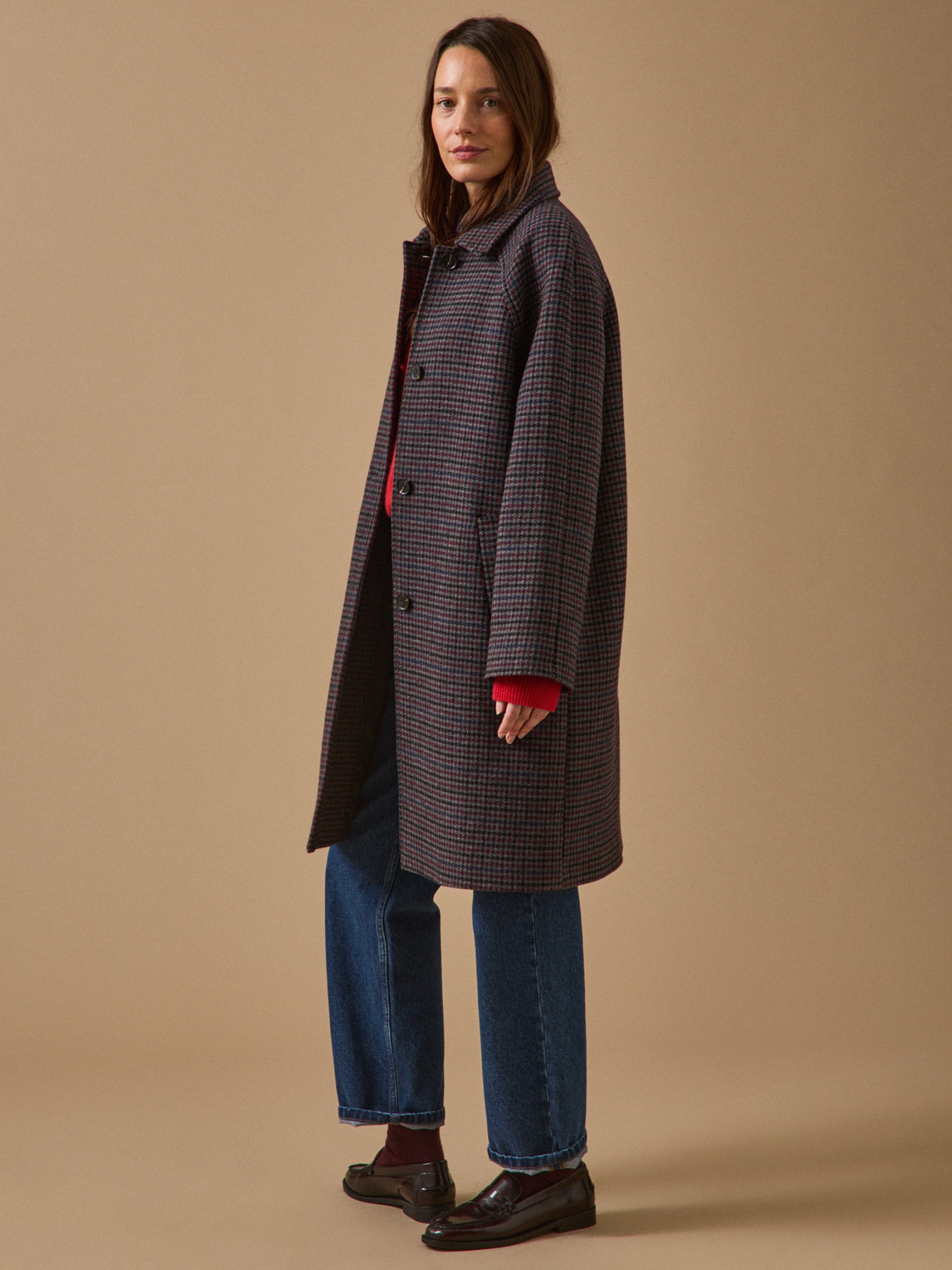 Women's mid-length houndstooth woolen coat