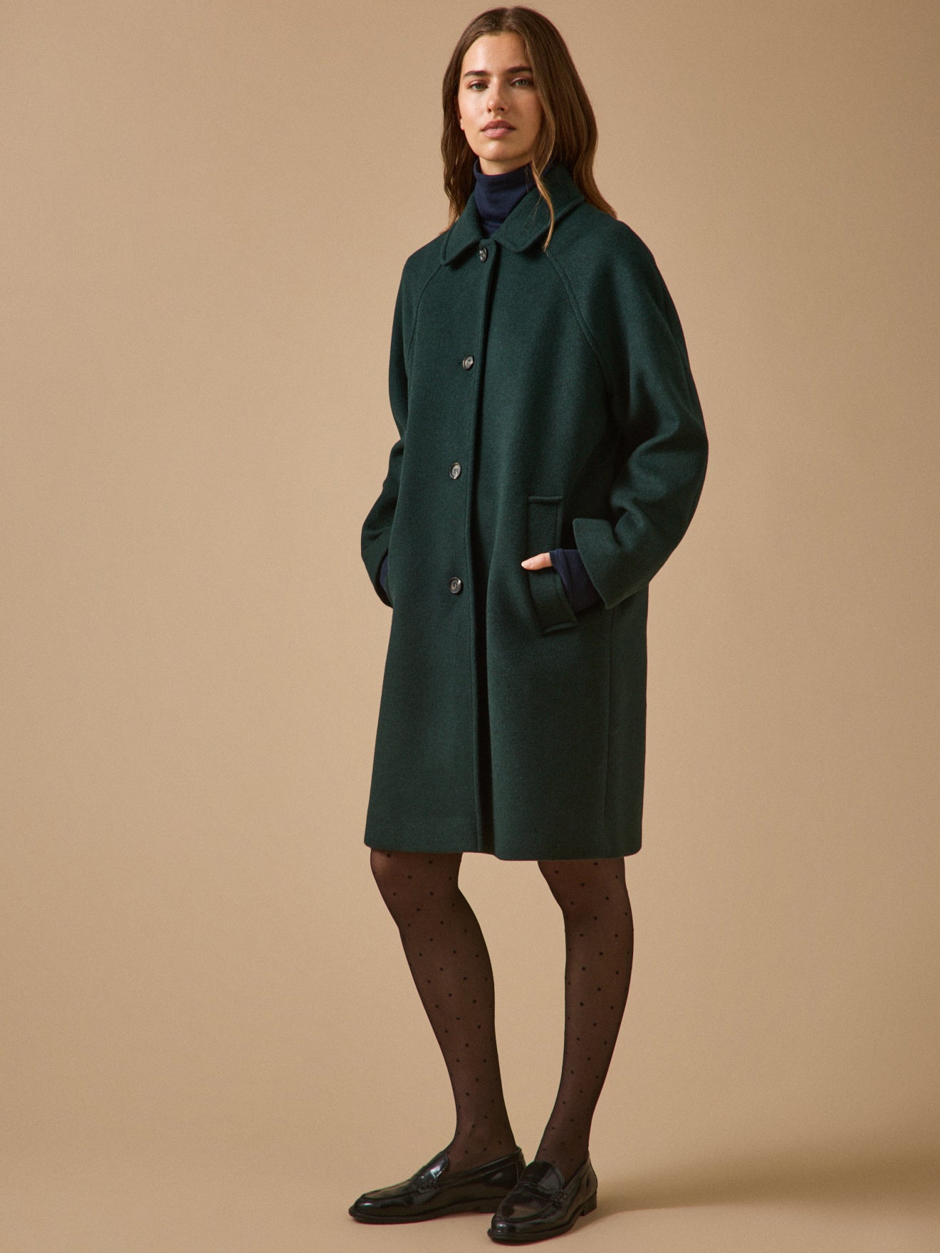 Women's solid color mid-length woolen coat