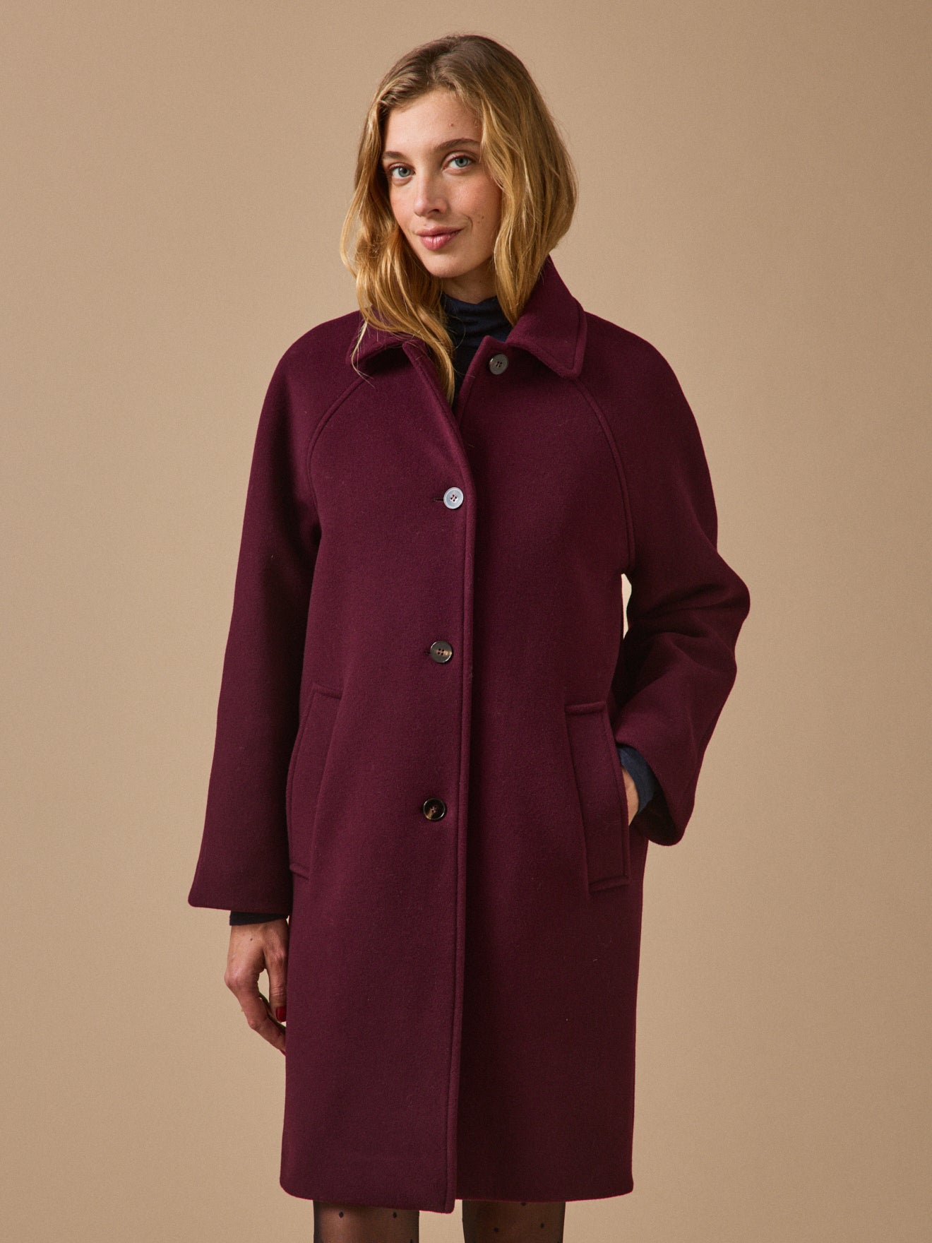 Women's solid-color mid-length woolen coat