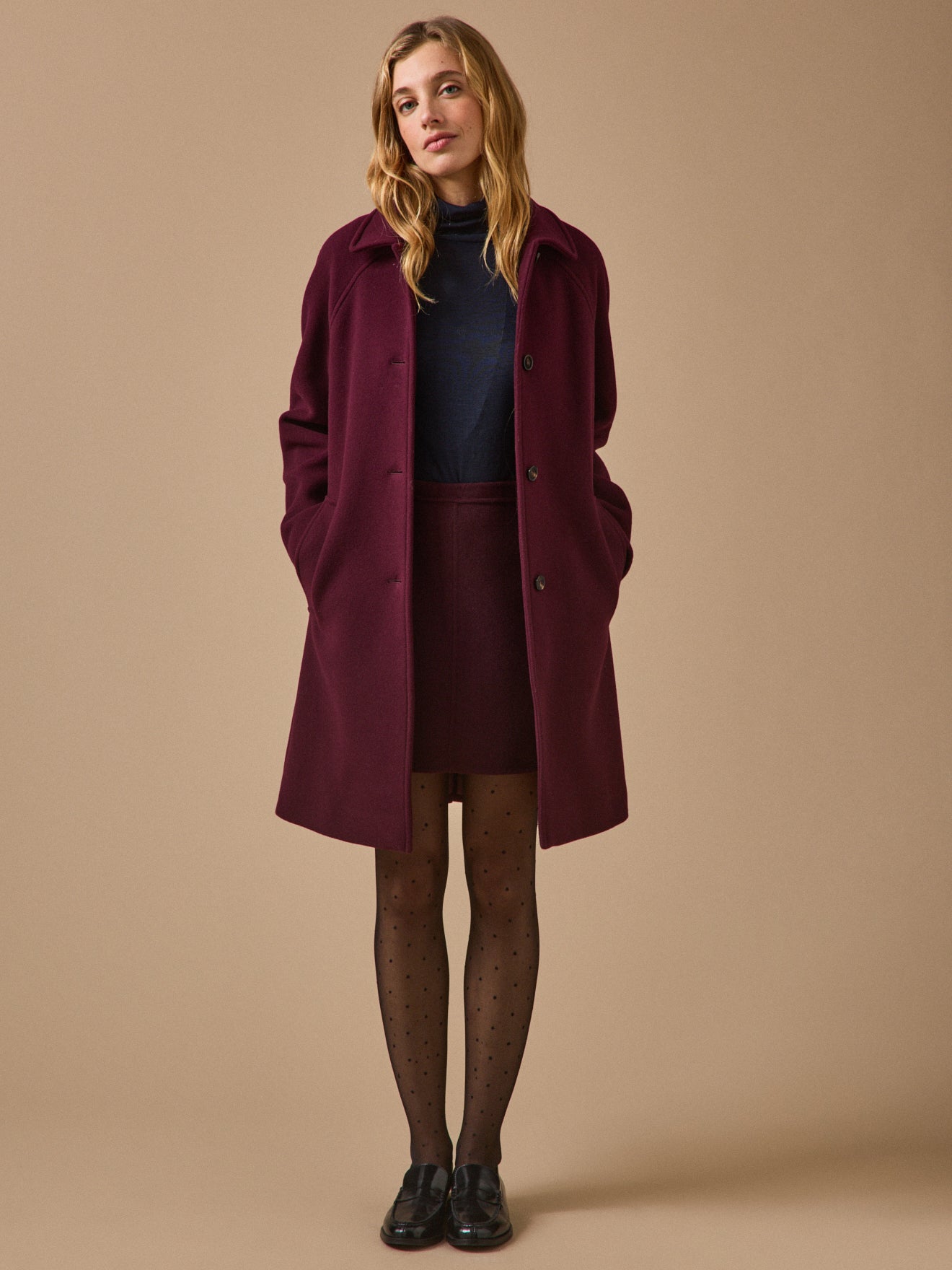 Women's solid-color mid-length woolen coat
