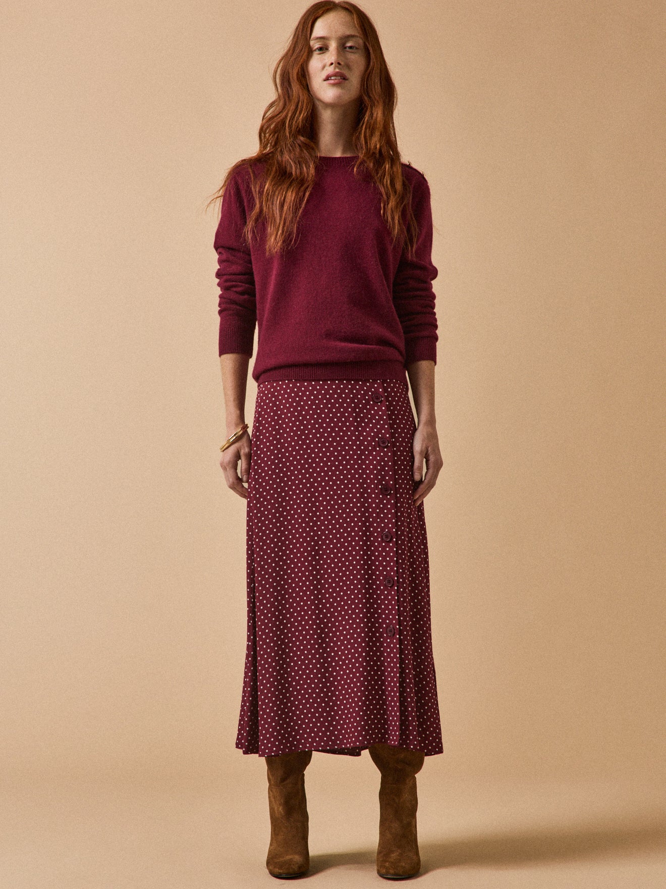 Women's dot-print mid-length viscose skirt