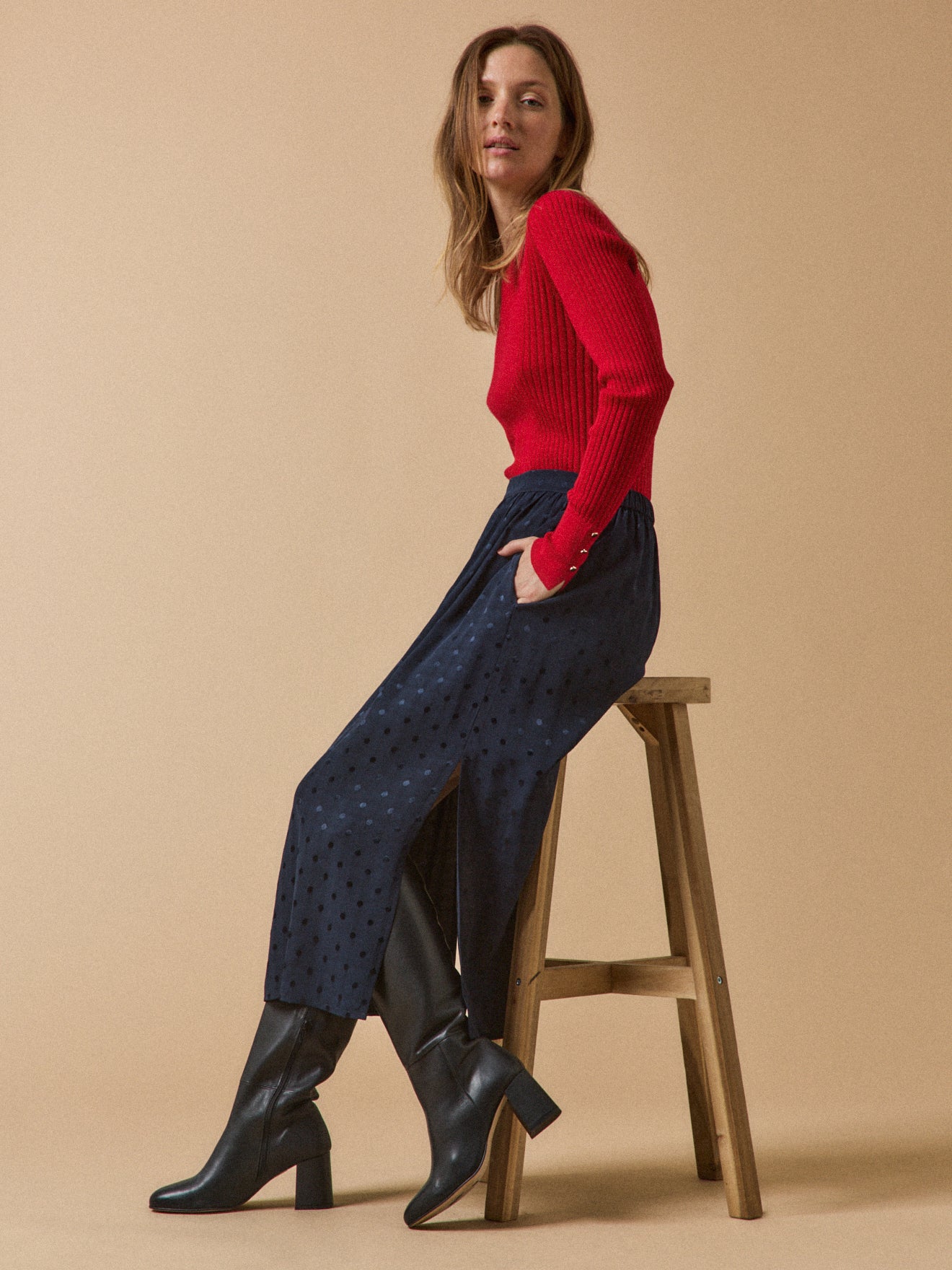 Jupe mi-longue jacquard pois femme