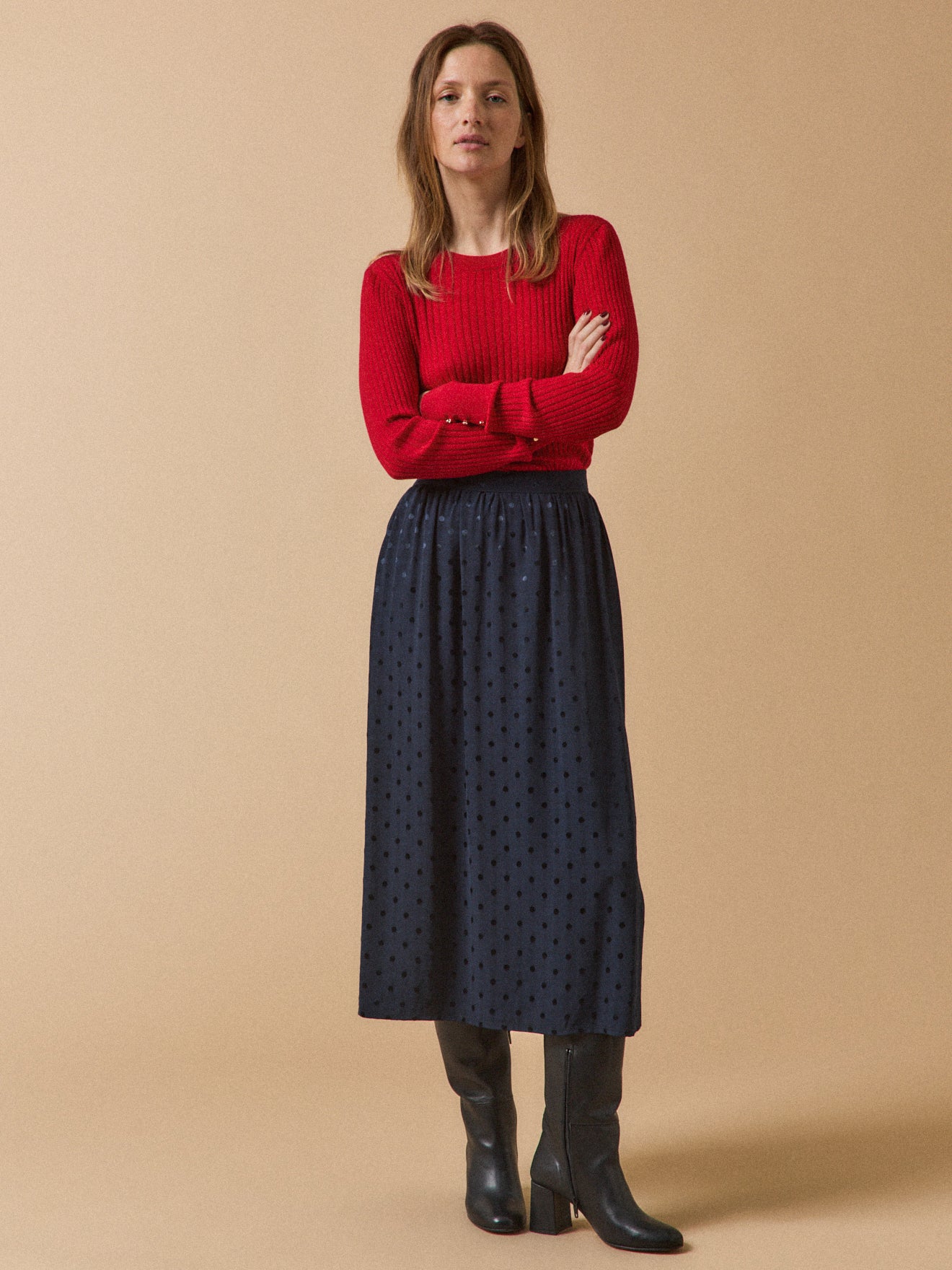 Jupe mi-longue jacquard pois femme