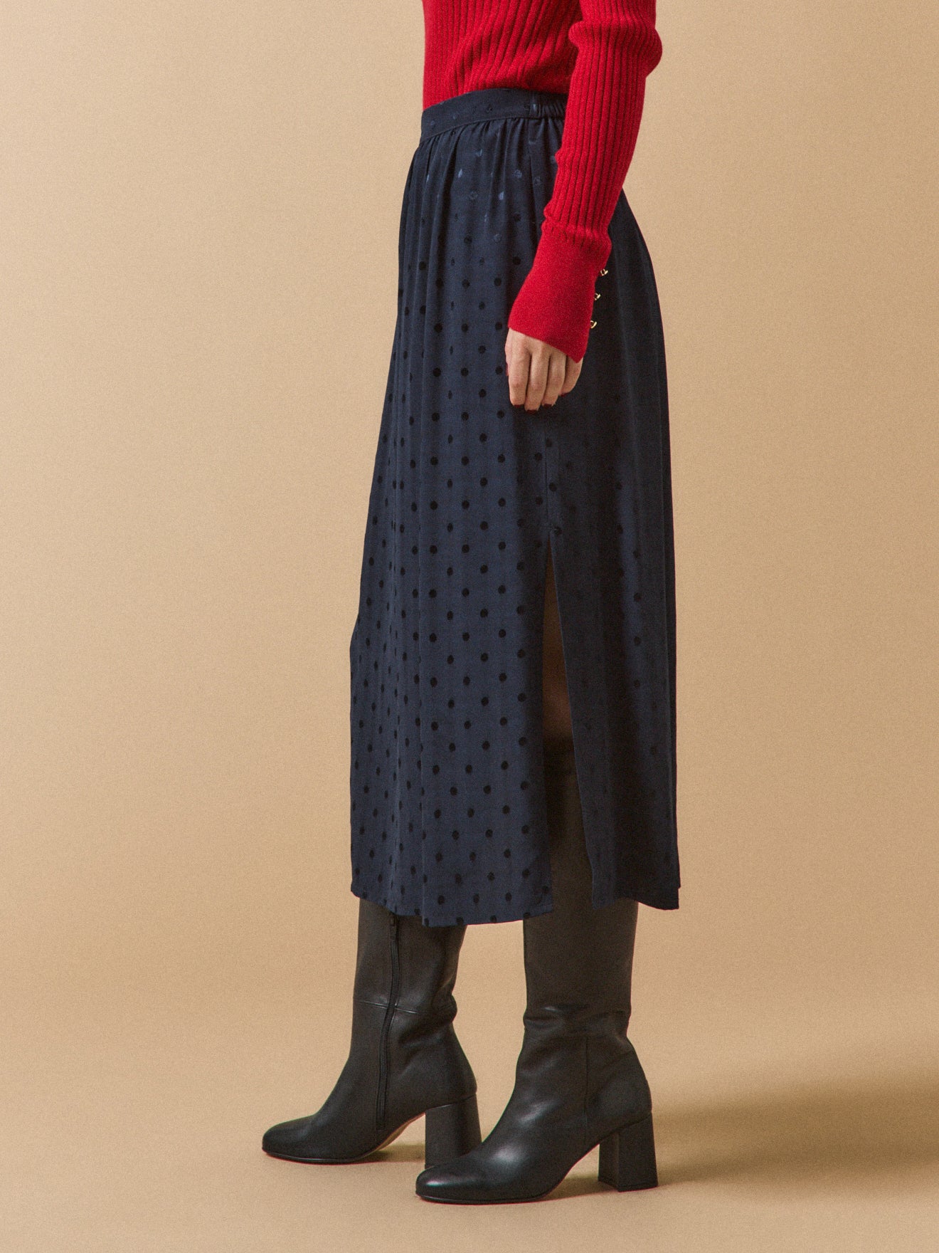 Jupe mi-longue jacquard pois femme