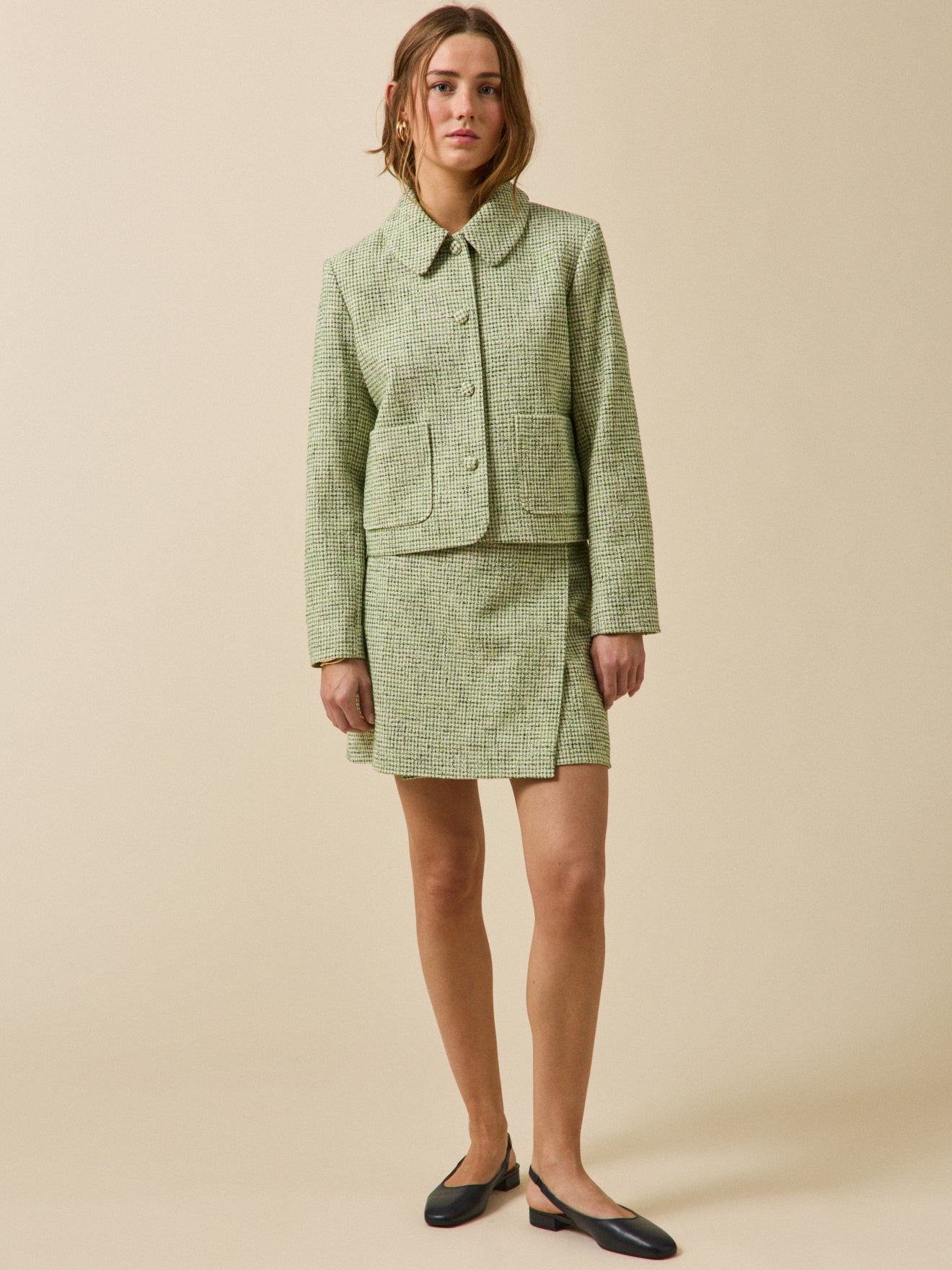 Jupe courte portefeuille tweed carreaux femme