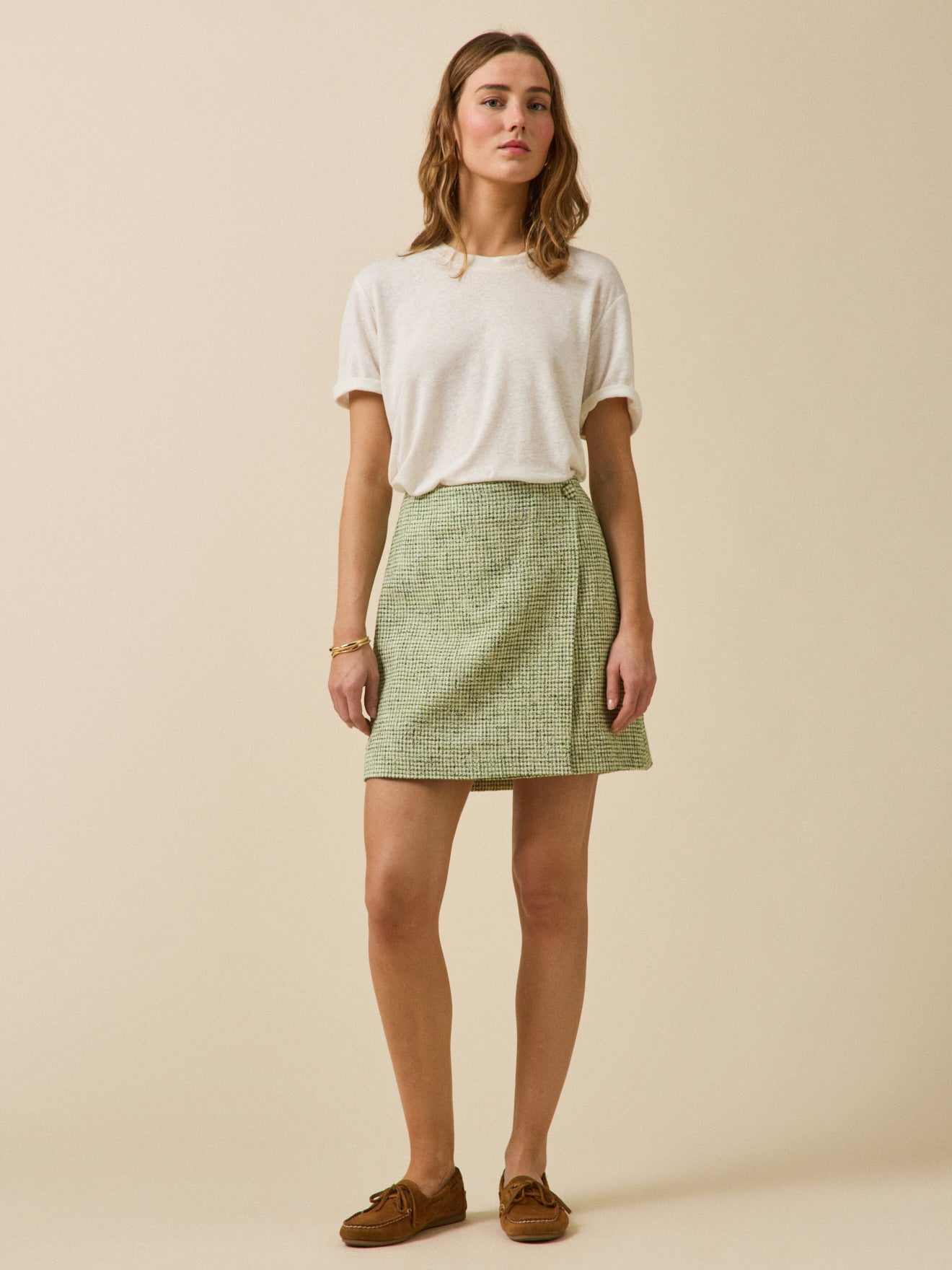 Jupe courte portefeuille tweed carreaux femme