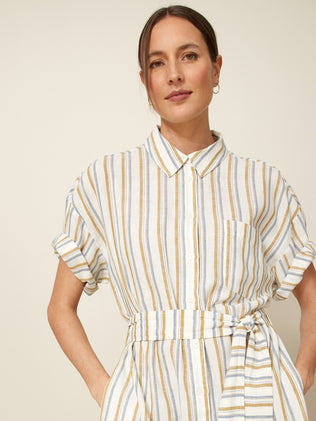 Women's mid-length striped cotton and linen shirt-dress