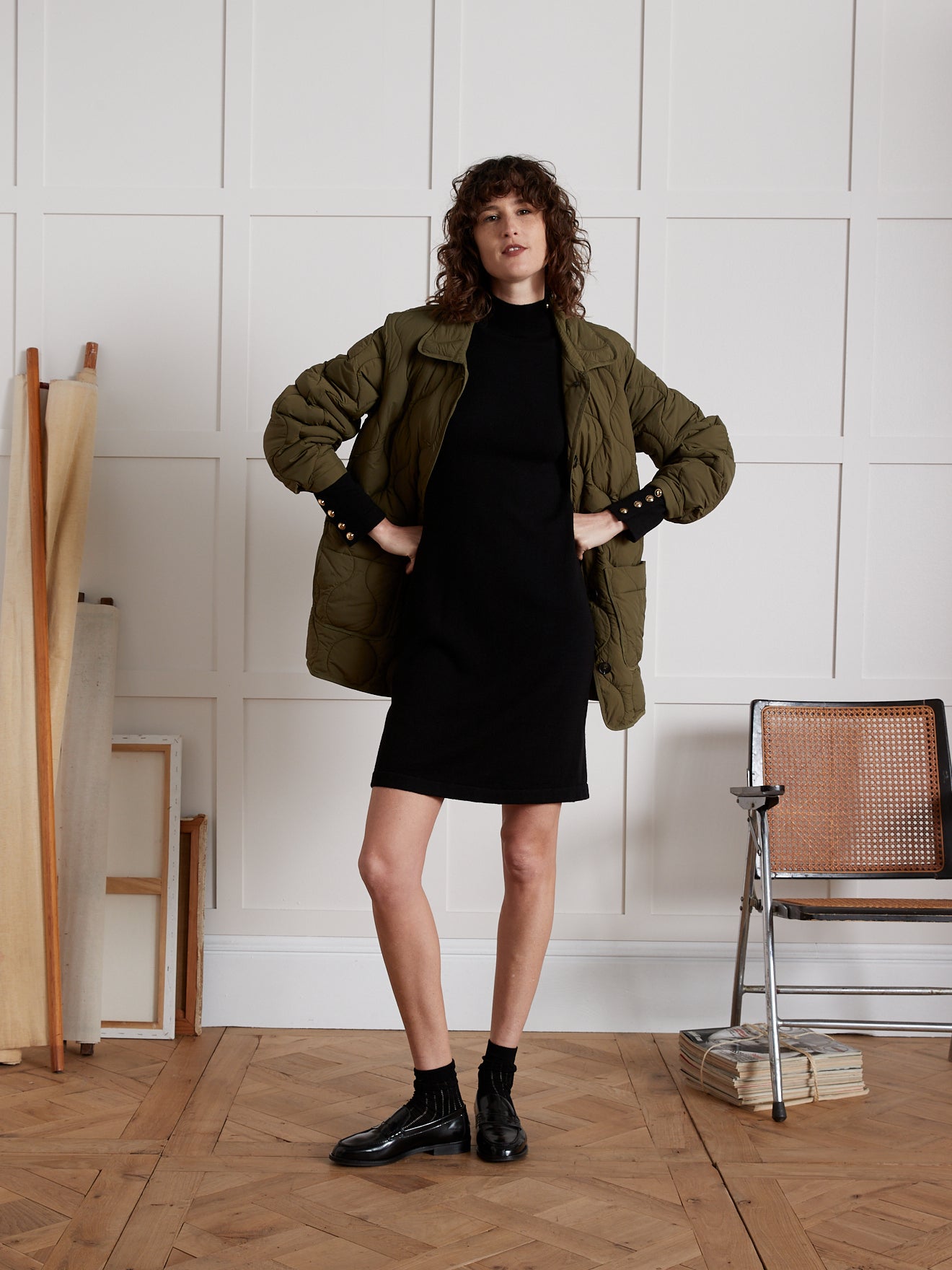 Women's sweater-dress with high neckline and golden buttons