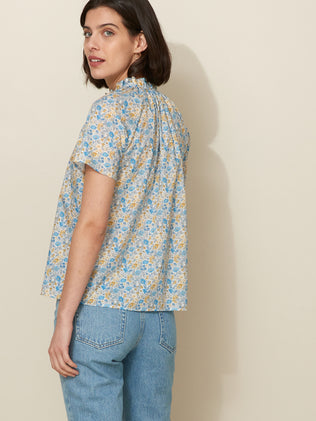 Women's Florence May motif shirt with ruffled collar. Made with Liberty fabric