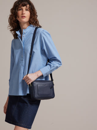 Women's tattersall check blouse with ruffled neckline