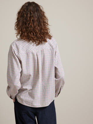 Women's tattersall check blouse with ruffled neckline