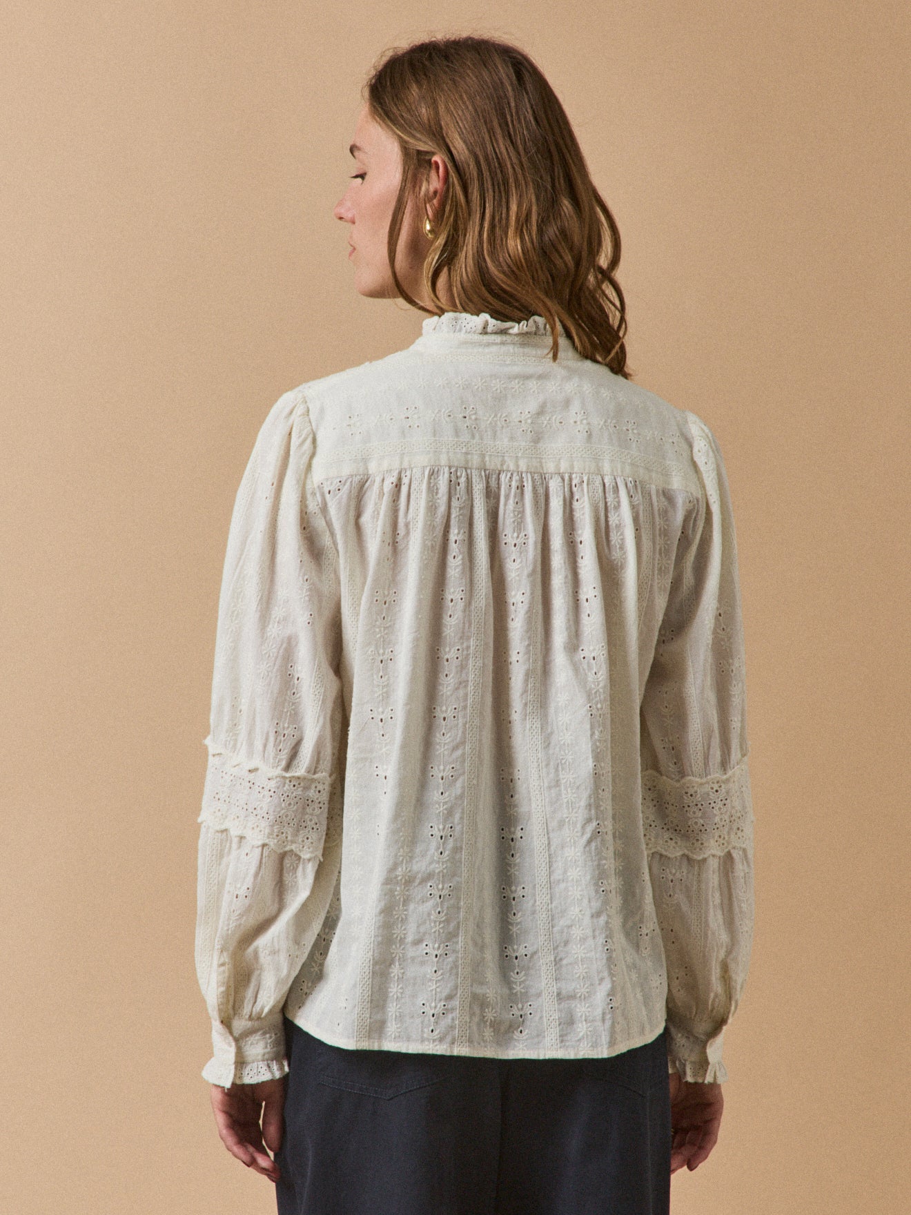 Women's embroidered heirloom blouse with ruffled neckline