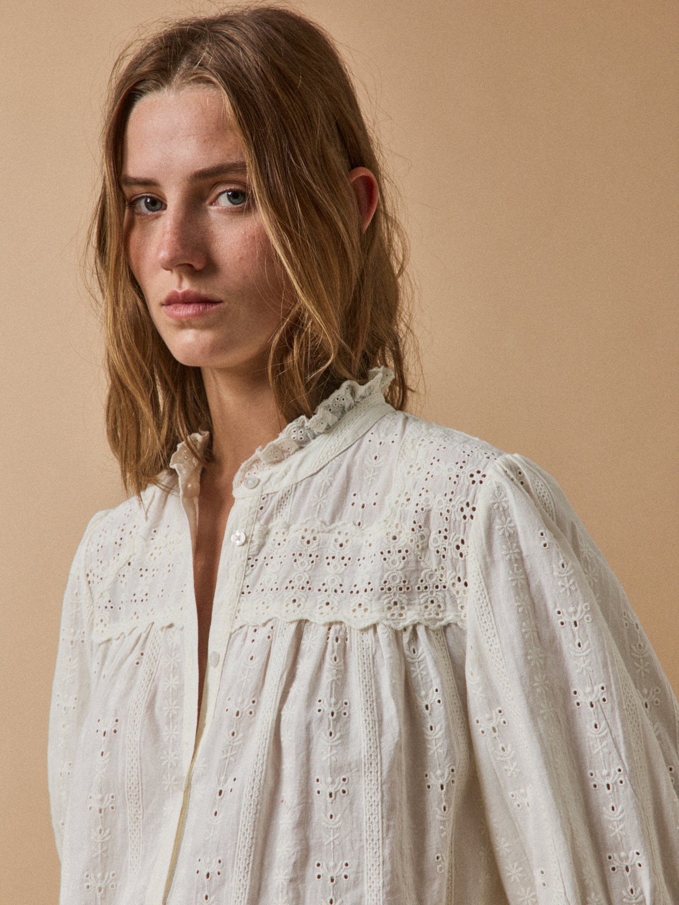 Women's embroidered heirloom blouse with ruffled neckline