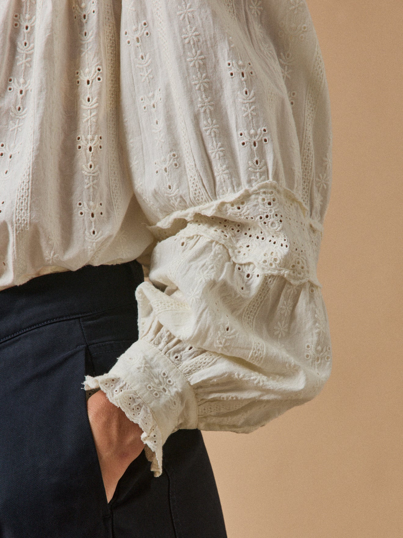 Women's embroidered heirloom blouse with ruffled neckline