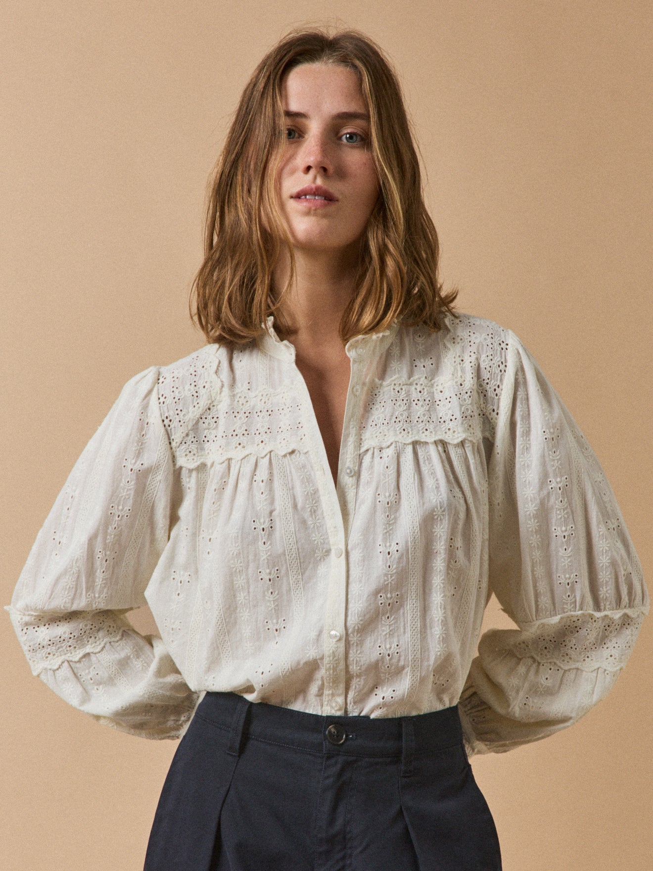 Women's embroidered heirloom blouse with ruffled neckline