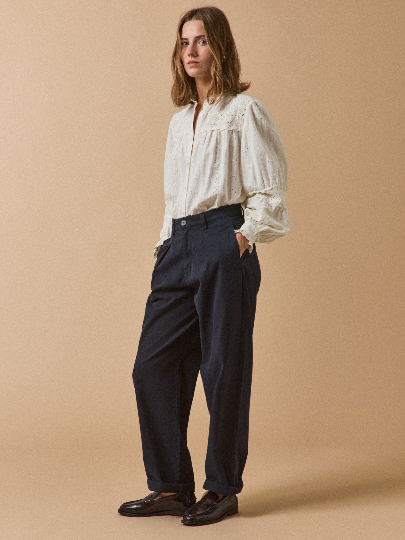 Women's embroidered heirloom blouse with ruffled neckline