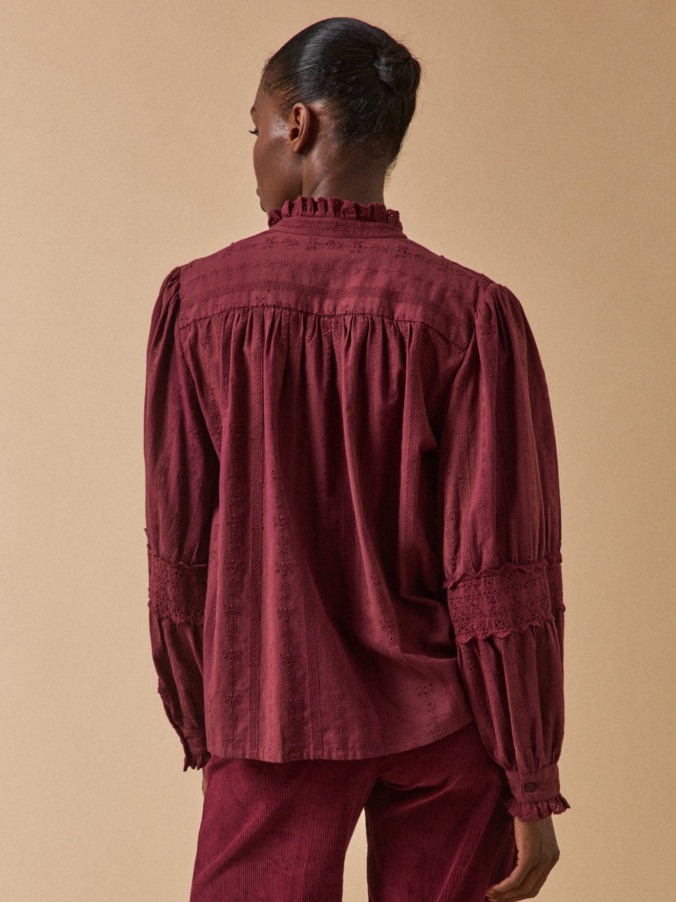 Women's embroidered heirloom blouse with ruffled neckline