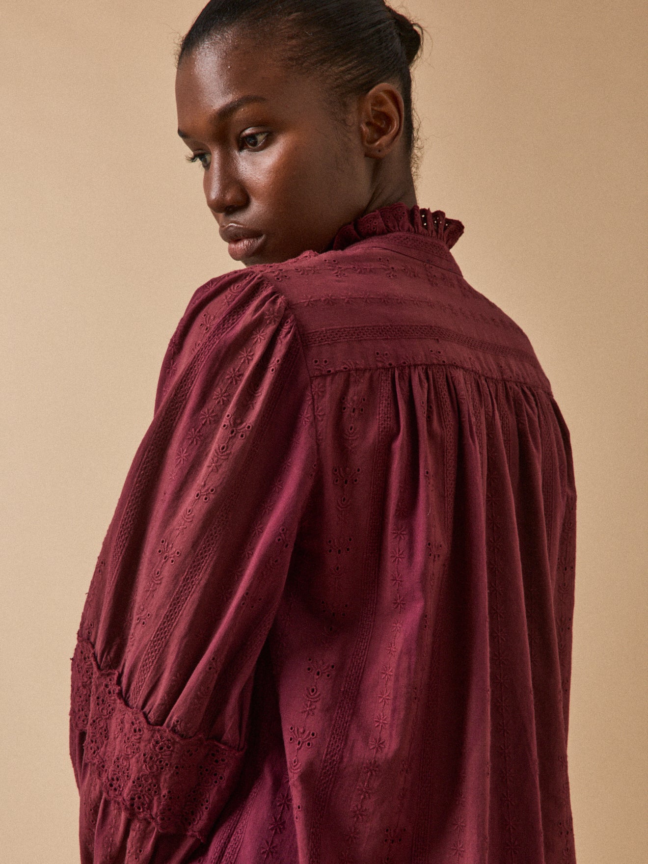 Women's embroidered heirloom blouse with ruffled neckline