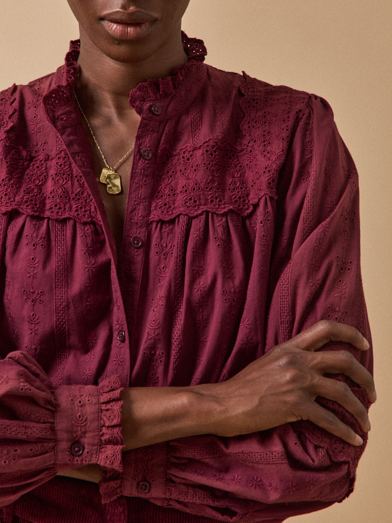 Women's embroidered heirloom blouse with ruffled neckline